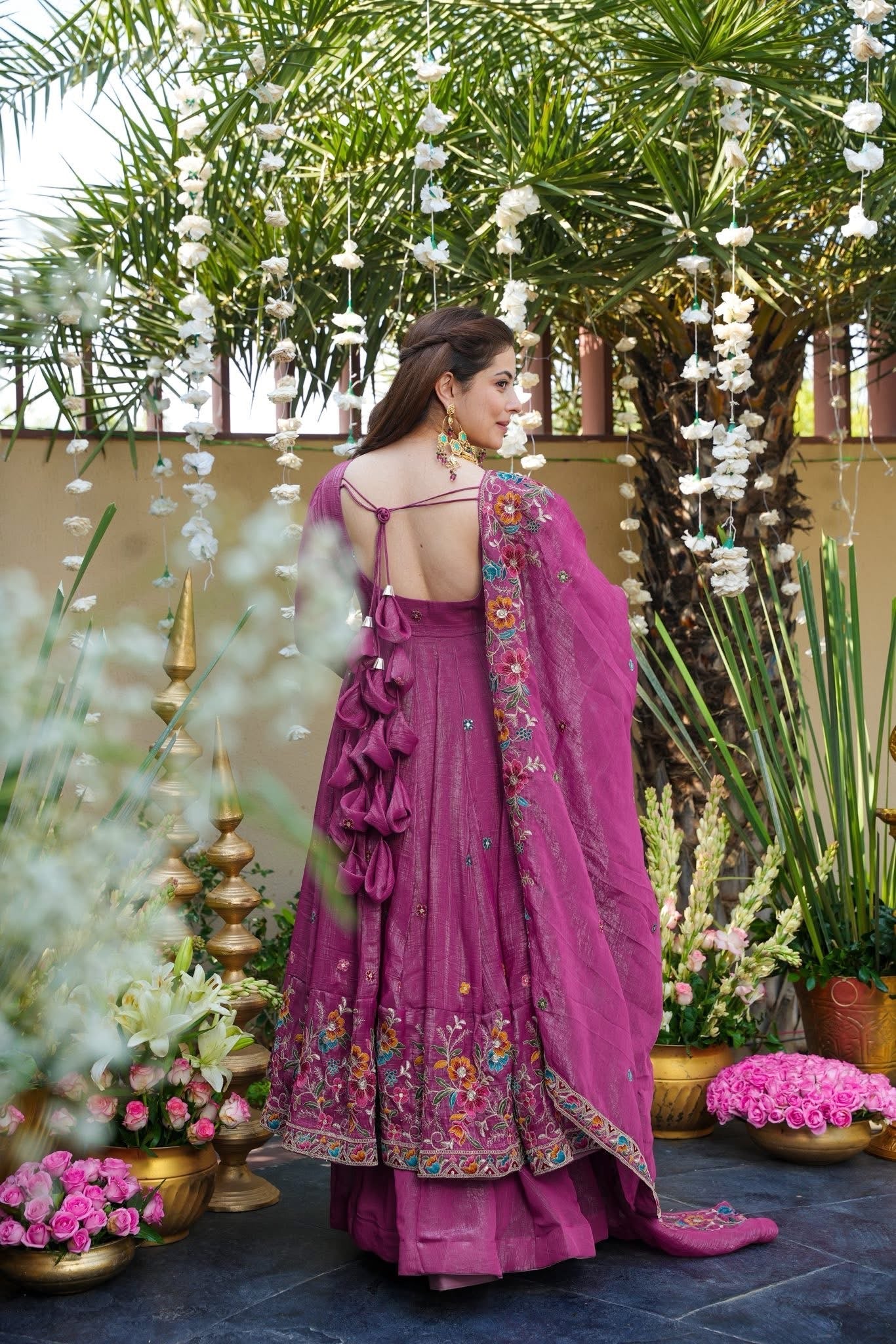 Embroidered Crunchy Silk Gown Sharara Set with Dupatta | Elegant Festive Wear Dusty Rose Pink