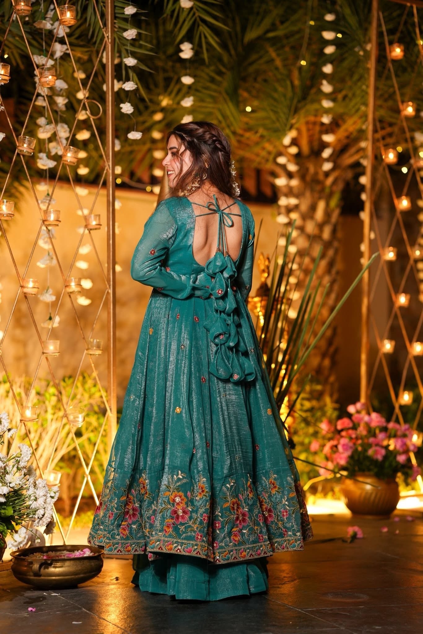 Embroidered Crunchy Silk Gown Sharara Set with Dupatta | Festive Wedding Wear Rama Green