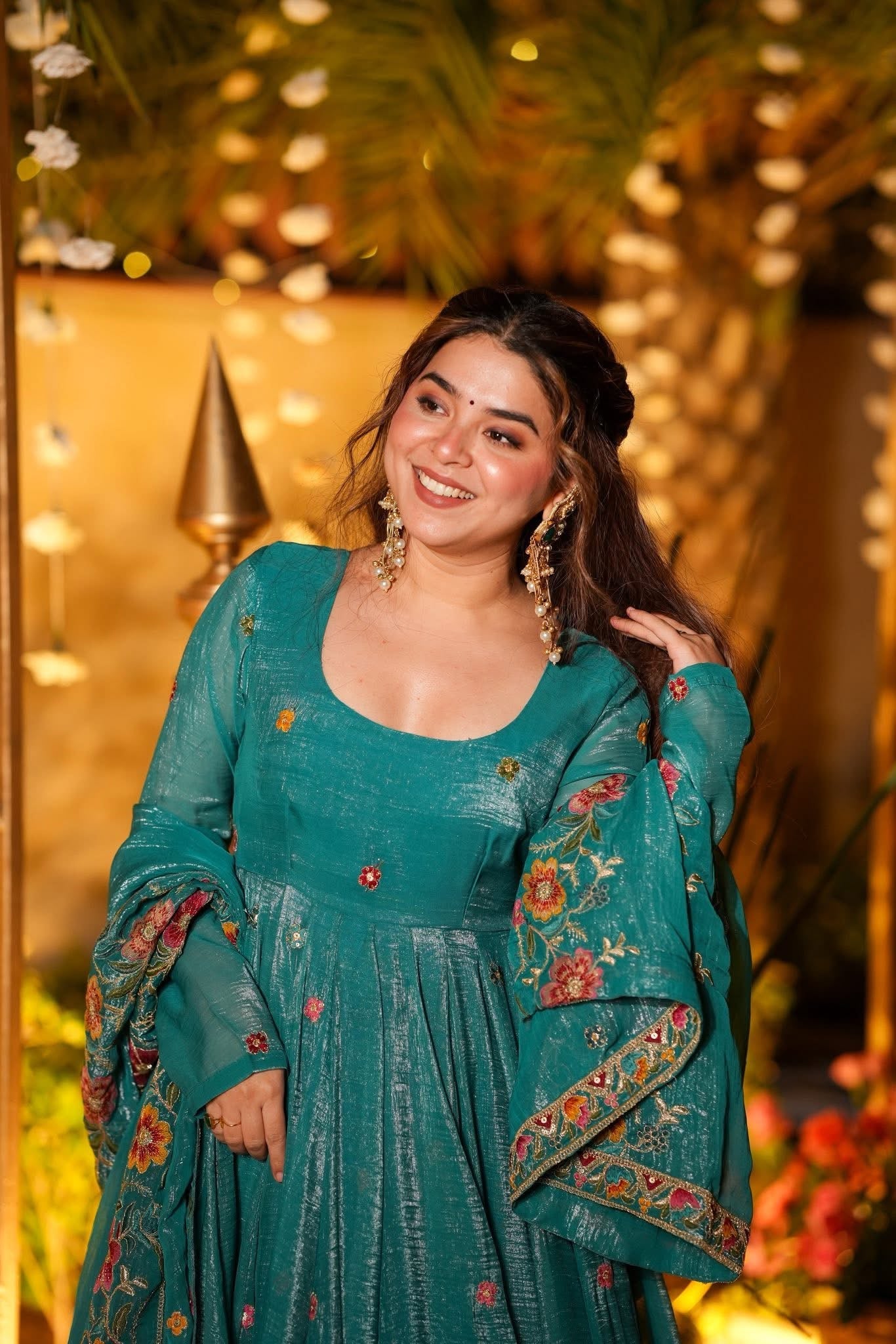 Embroidered Crunchy Silk Gown Sharara Set with Dupatta | Festive Wedding Wear Rama Green