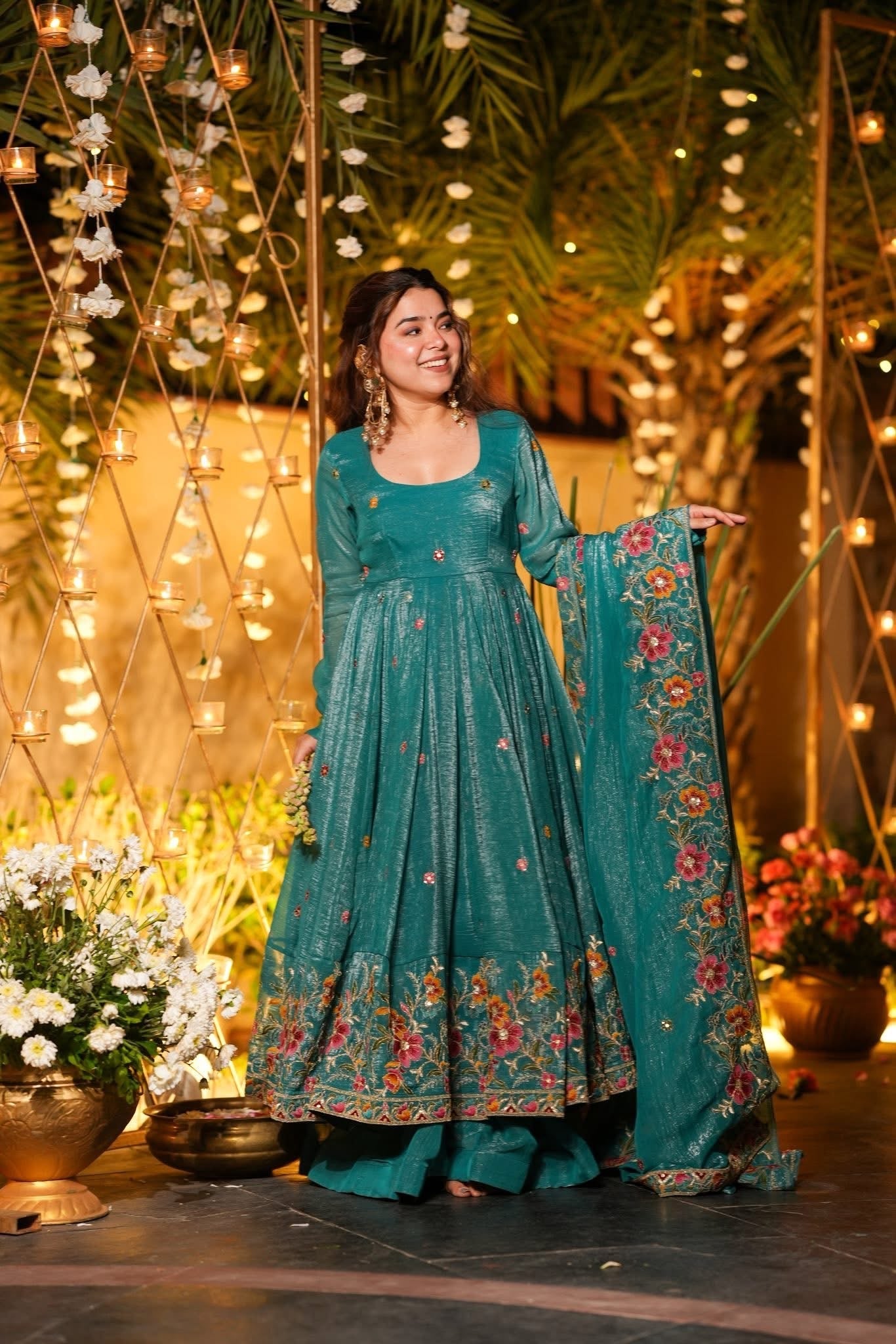 Embroidered Crunchy Silk Gown Sharara Set with Dupatta | Festive Wedding Wear Rama Green