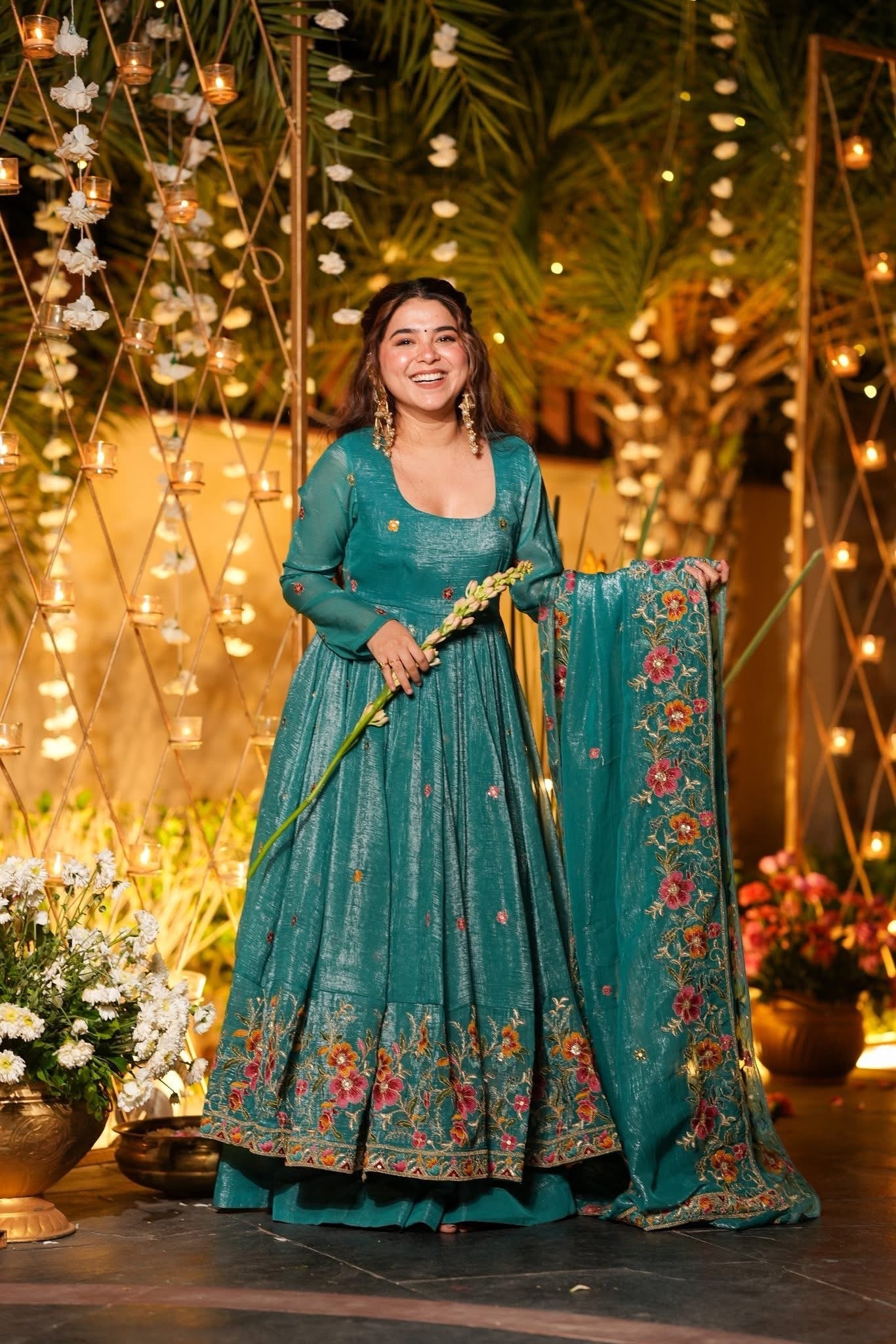 Embroidered Crunchy Silk Gown Sharara Set with Dupatta | Festive Wedding Wear Rama Green