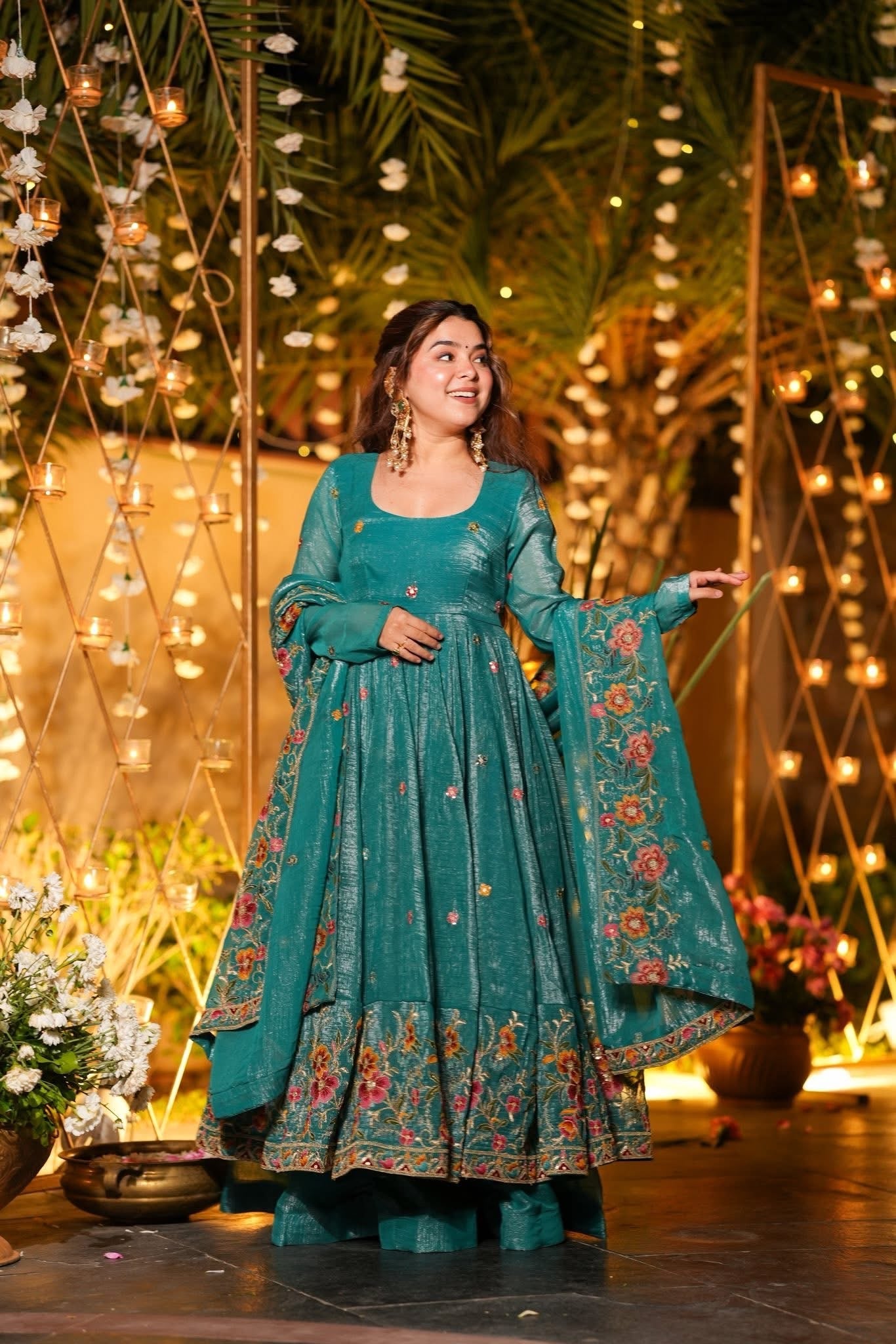 Embroidered Crunchy Silk Gown Sharara Set with Dupatta | Festive Wedding Wear Rama Green