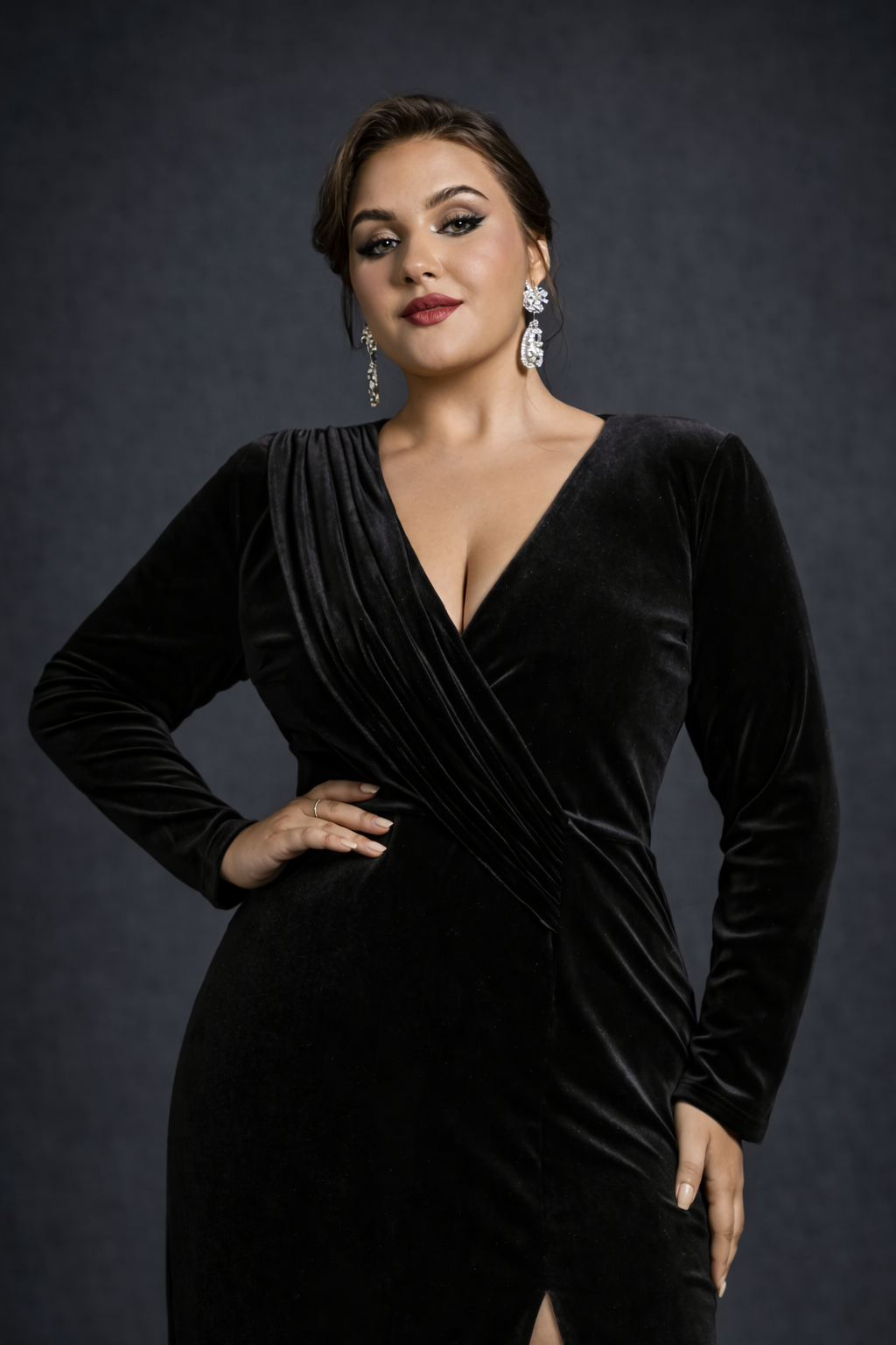 Black Velvet Wrap Gown – Elegant Slit Evening & Party Dress