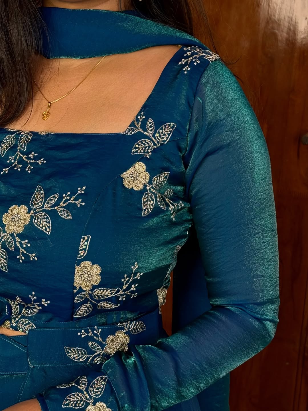 Royal Teal Blue Embroidered Layered Anarkali Gown with Dupatta