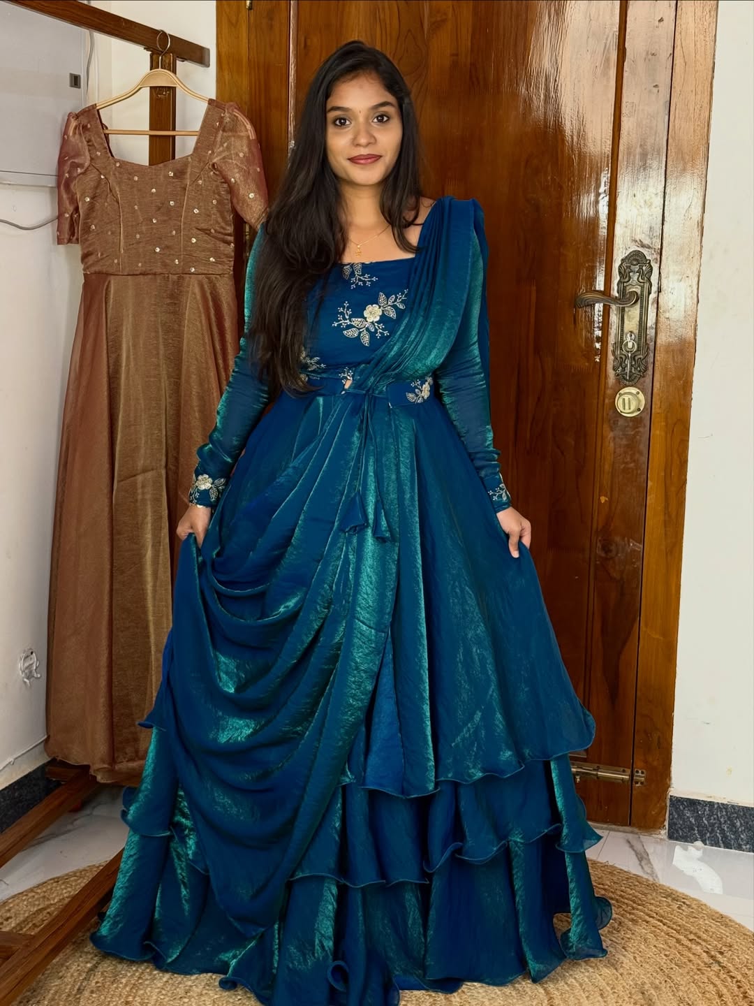 Royal Teal Blue Embroidered Layered Anarkali Gown with Dupatta