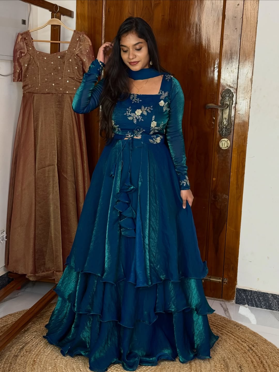 Royal Teal Blue Embroidered Layered Anarkali Gown with Dupatta