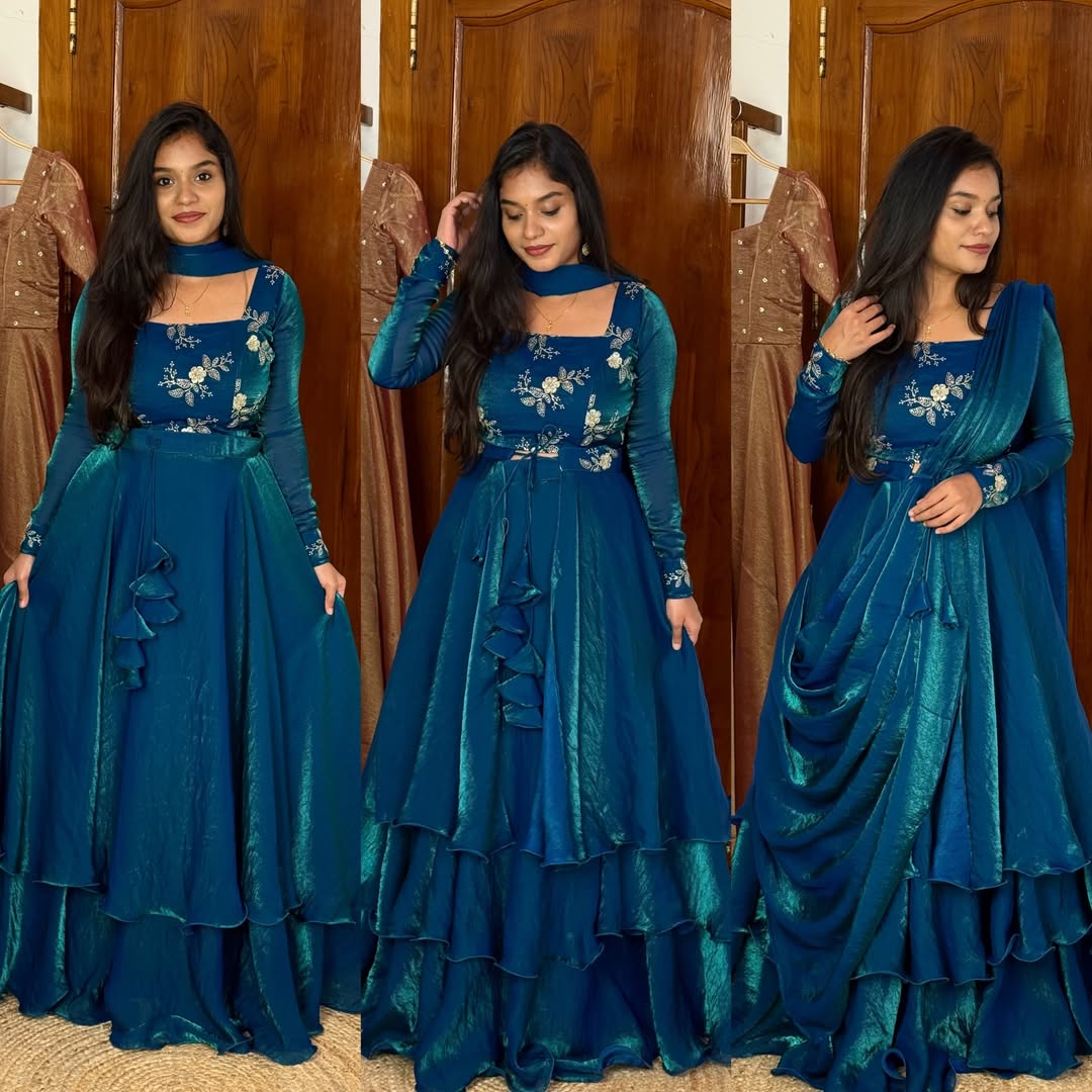 Royal Teal Blue Embroidered Layered Anarkali Gown with Dupatta