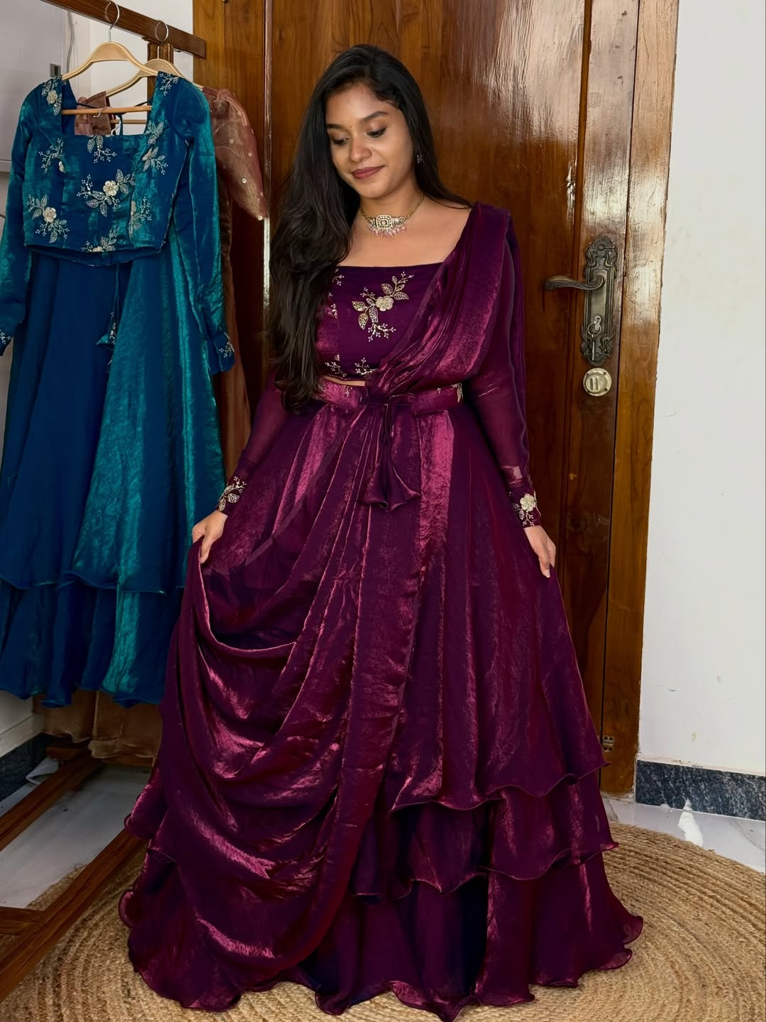 Royal Teal Wine Embroidered Layered Anarkali Gown with Dupatta