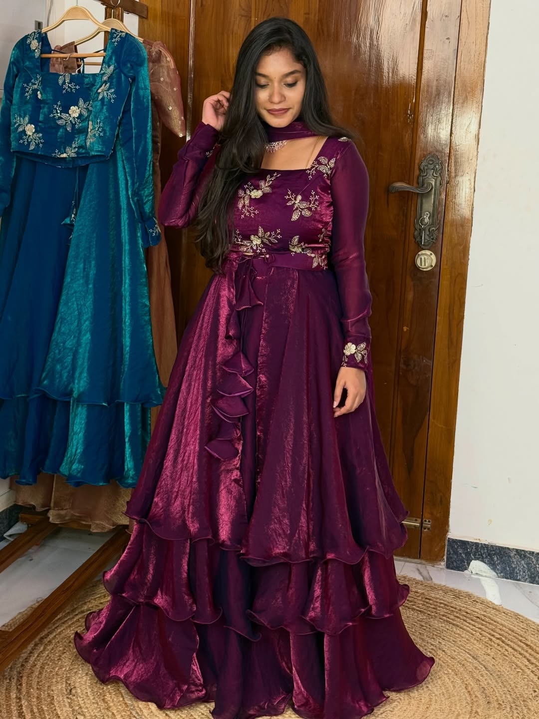 Royal Teal Wine Embroidered Layered Anarkali Gown with Dupatta