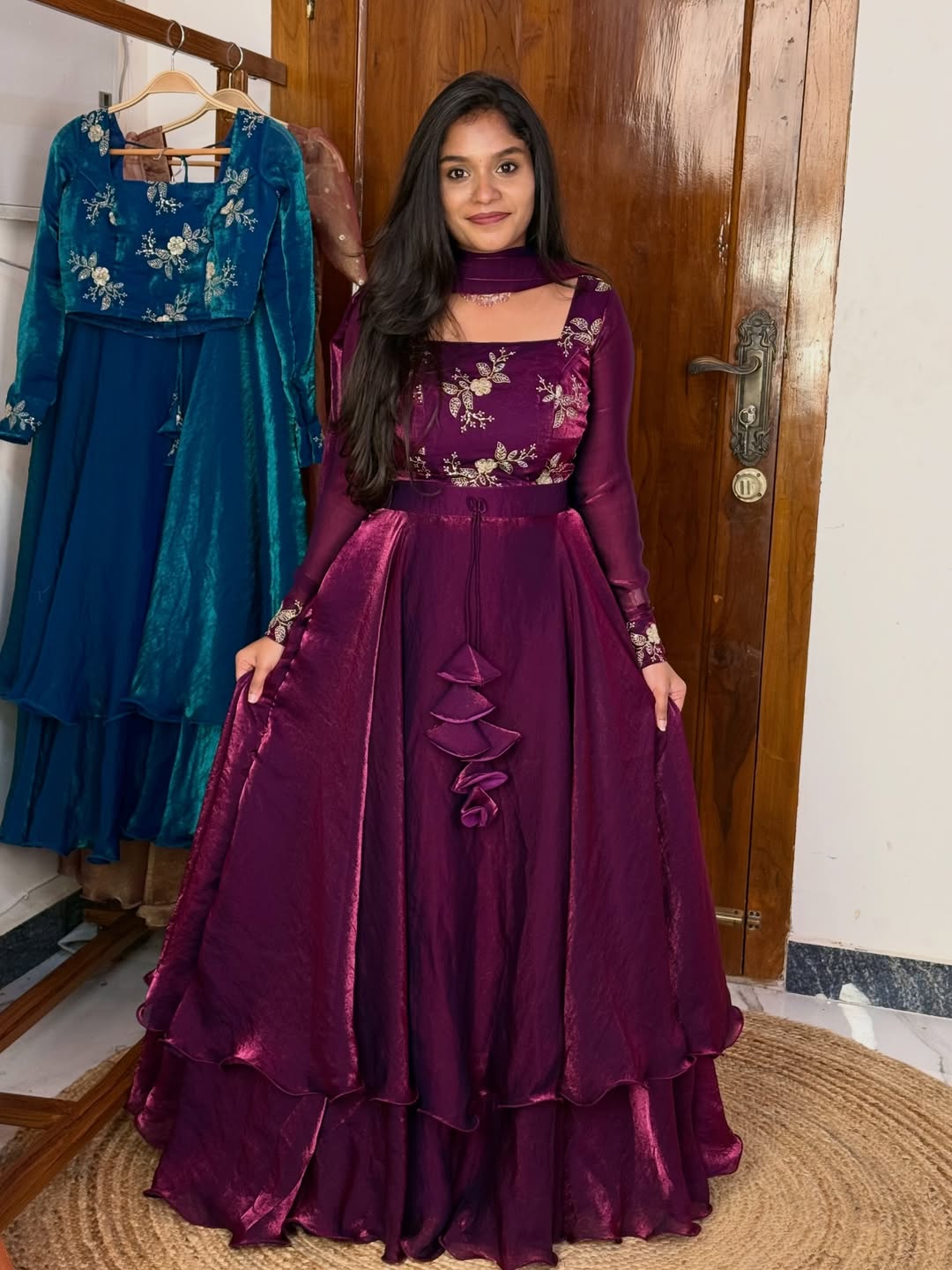 Royal Teal Wine Embroidered Layered Anarkali Gown with Dupatta