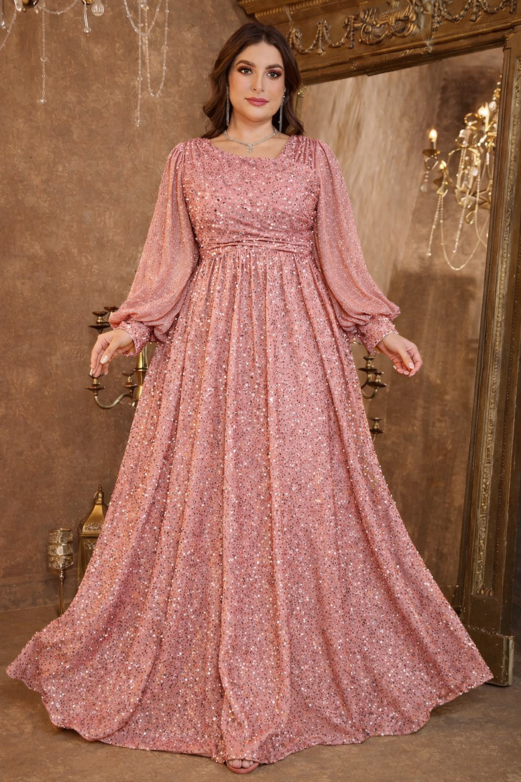 Rose Pink Blue Sequin Embellished Flared Gown with Full Sleeves