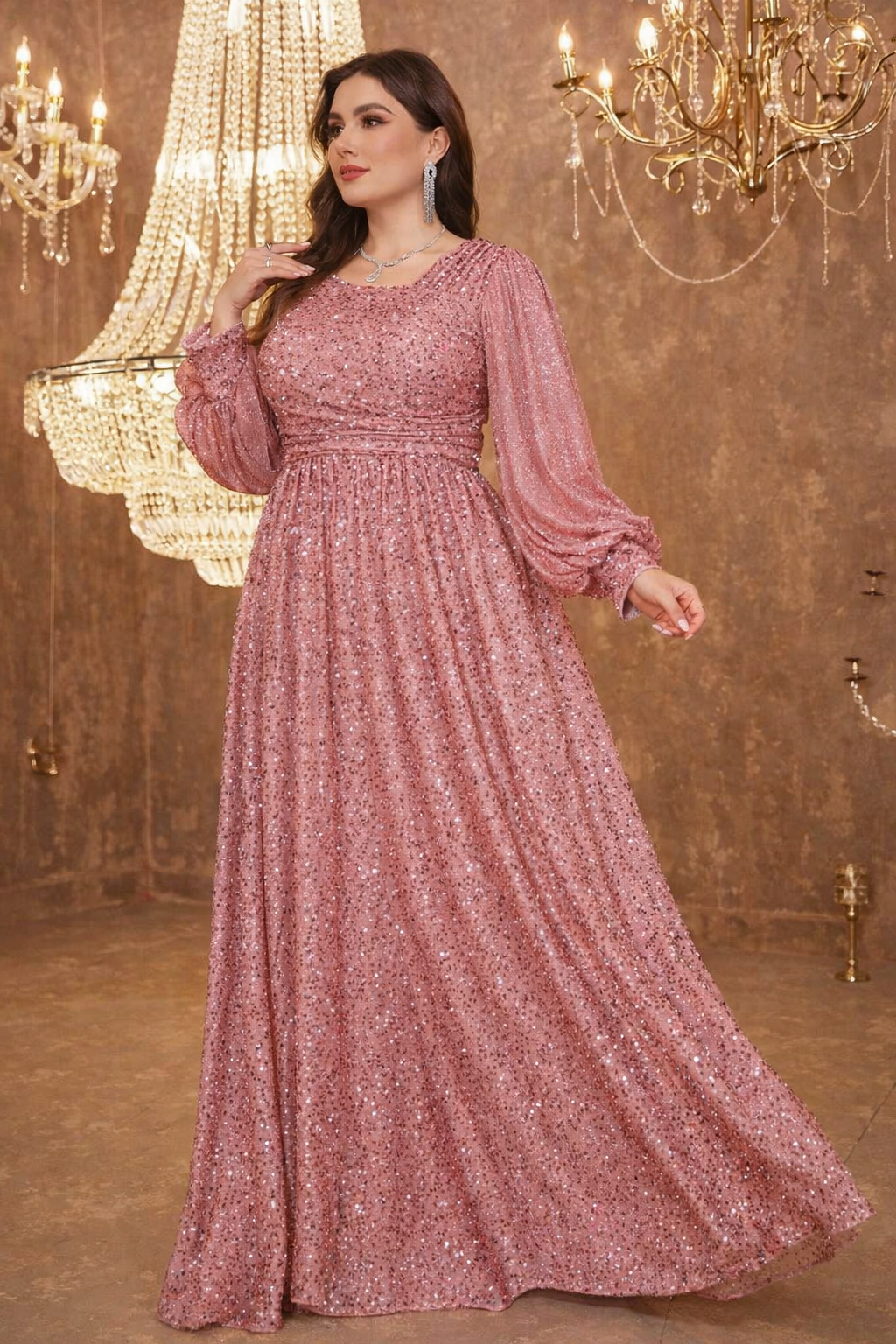 Rose Pink Blue Sequin Embellished Flared Gown with Full Sleeves