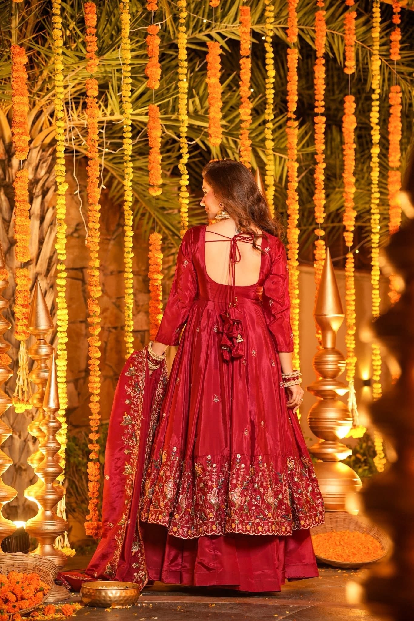 Luxury Heavy Silk Sequins Embroidered Gown Set with Palazzo & Dupatta – Festive & Wedding Wear for Women Red