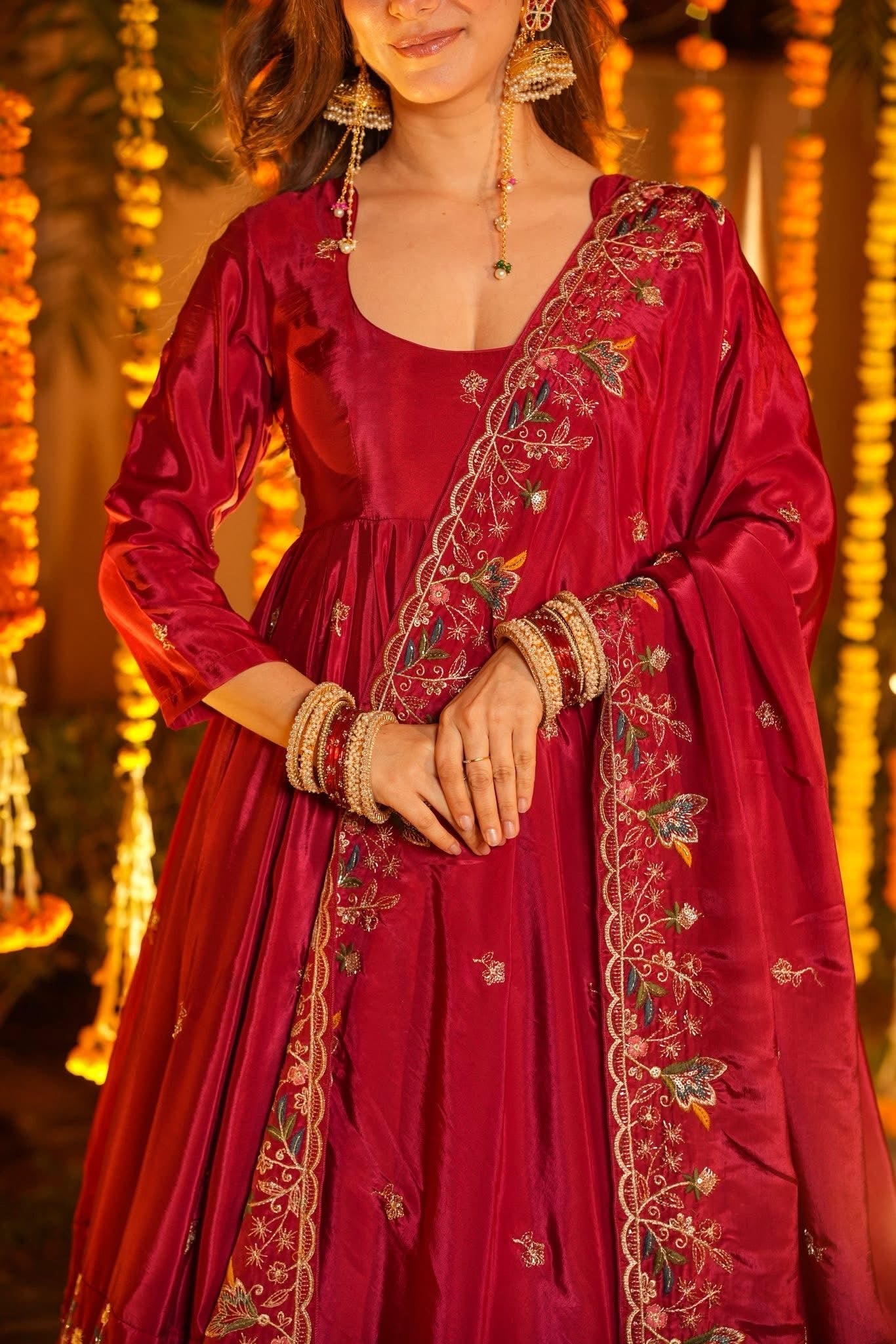 Luxury Heavy Silk Sequins Embroidered Gown Set with Palazzo & Dupatta – Festive & Wedding Wear for Women Red