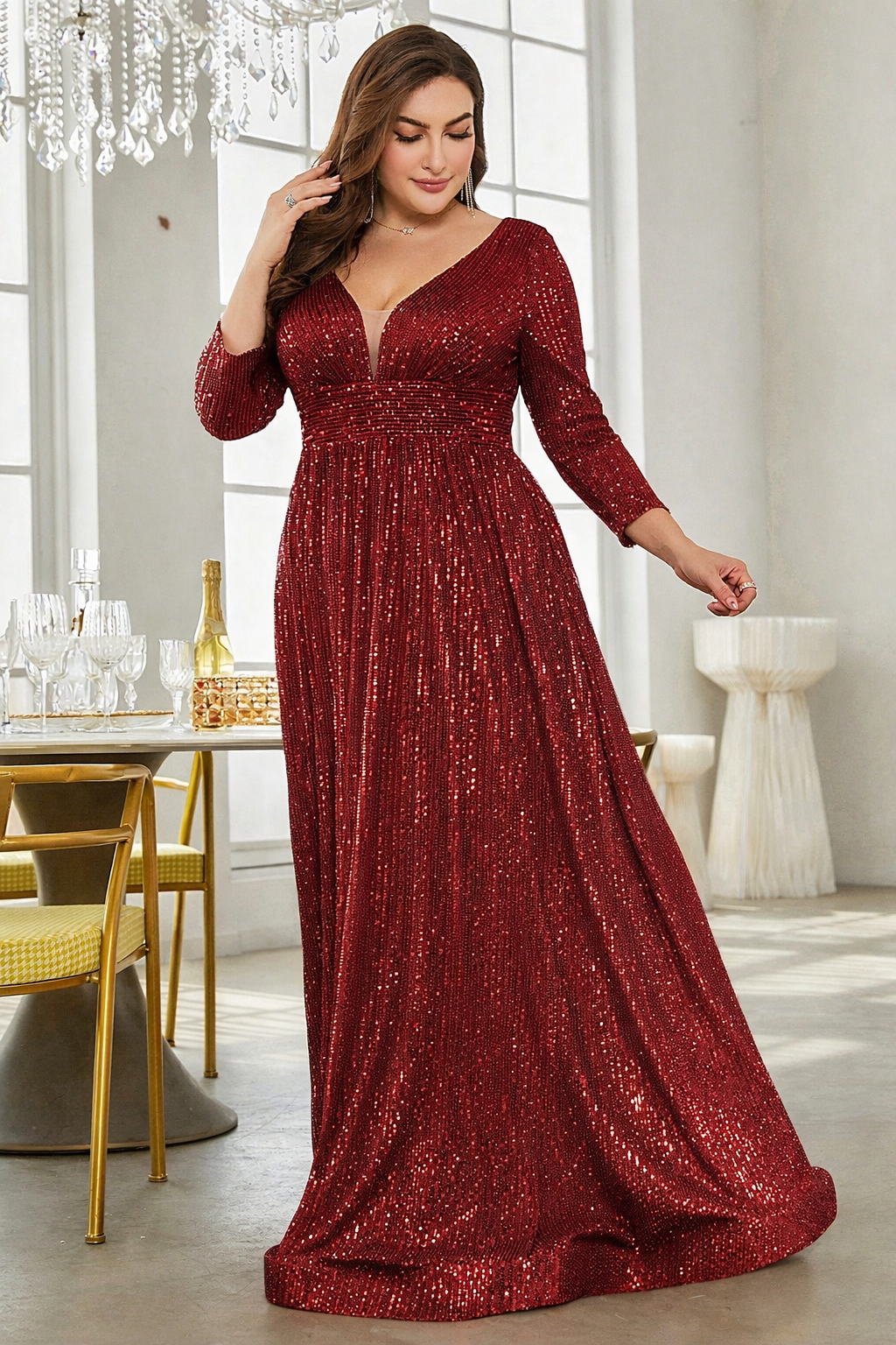 Maroon Sequin Maxi Gown with V-Neck – Luxury Party & Evening Wear