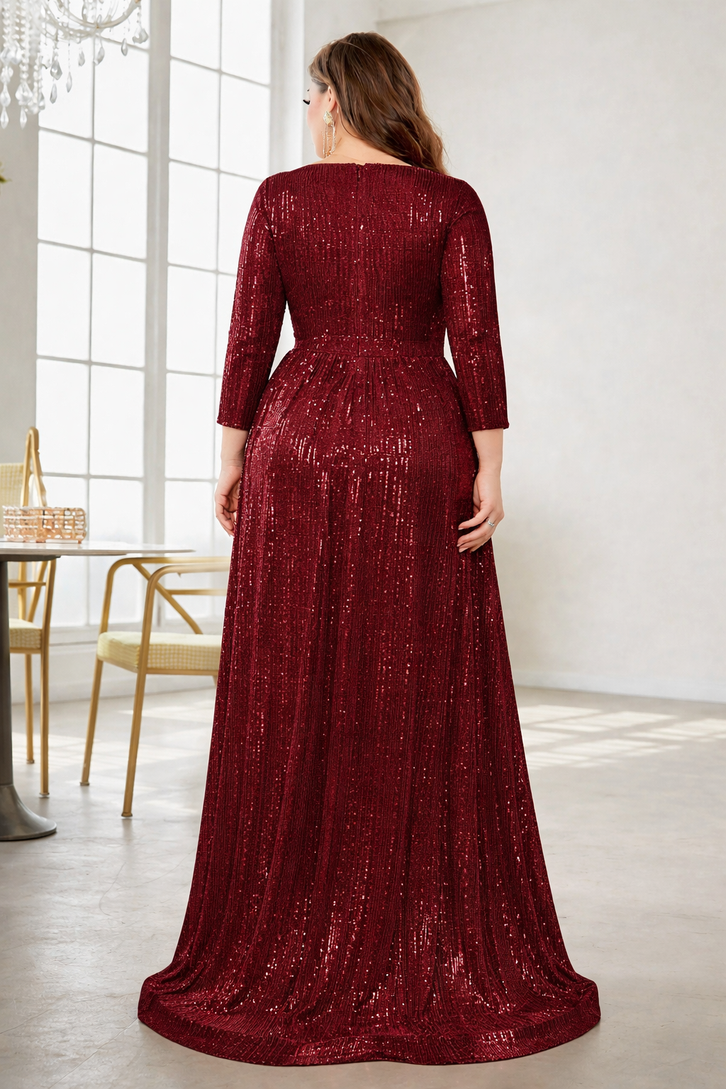 Maroon Sequin Maxi Gown with V-Neck – Luxury Party & Evening Wear