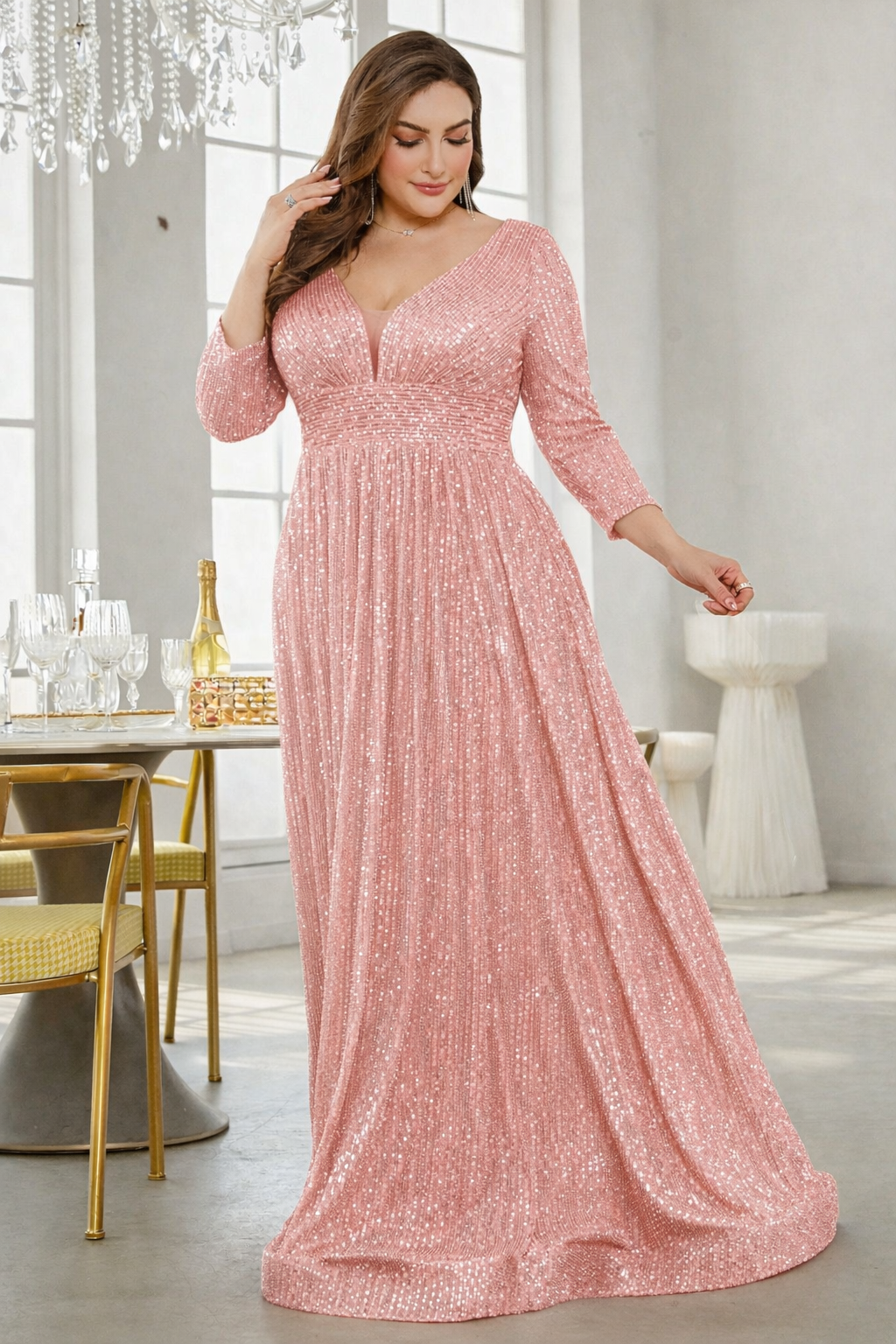 Rose Pink Sequin Maxi Gown with V-Neck – Luxury Party & Evening Wear