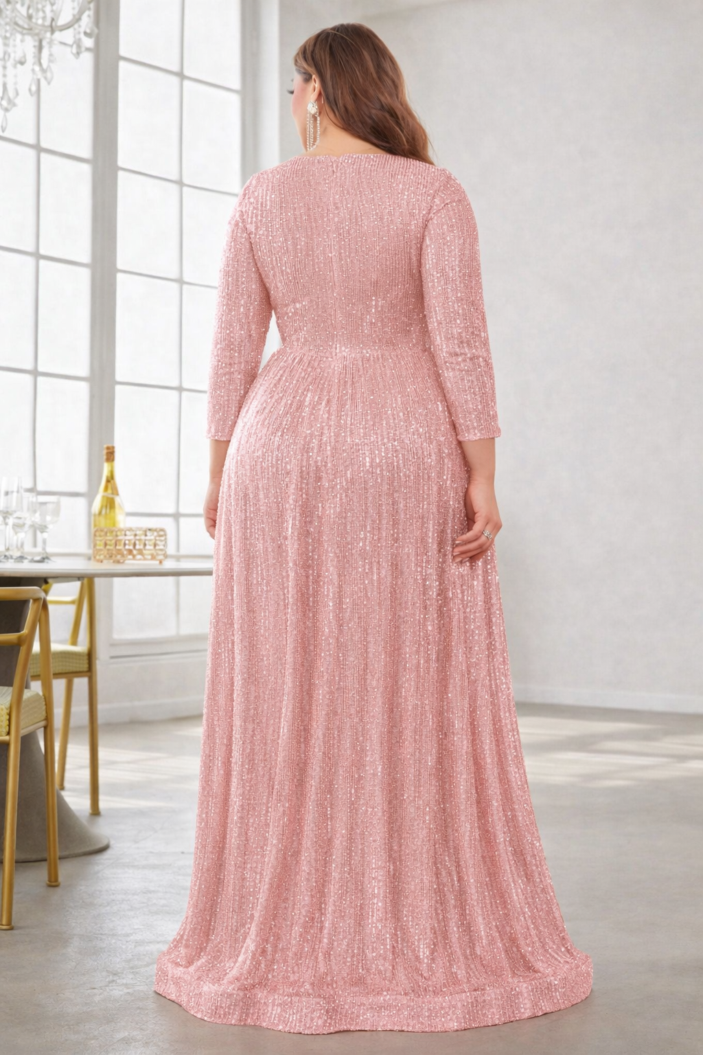 Rose Pink Sequin Maxi Gown with V-Neck – Luxury Party & Evening Wear