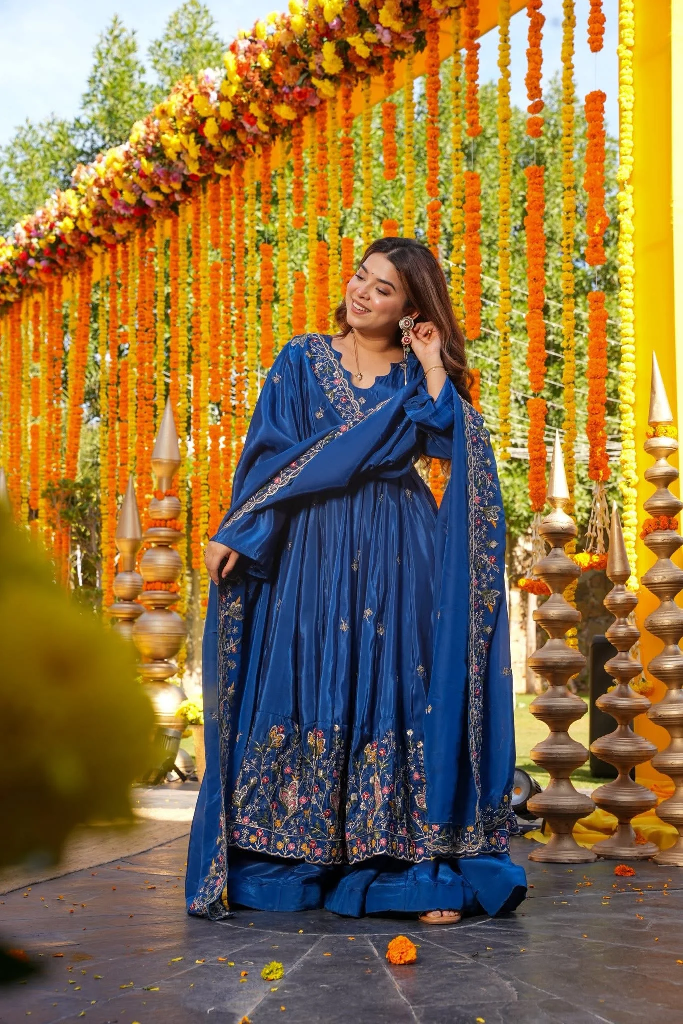 Luxury Heavy Silk Sequins Embroidered Gown Set with Palazzo & Dupatta – Festive & Wedding Wear for Women Blue
