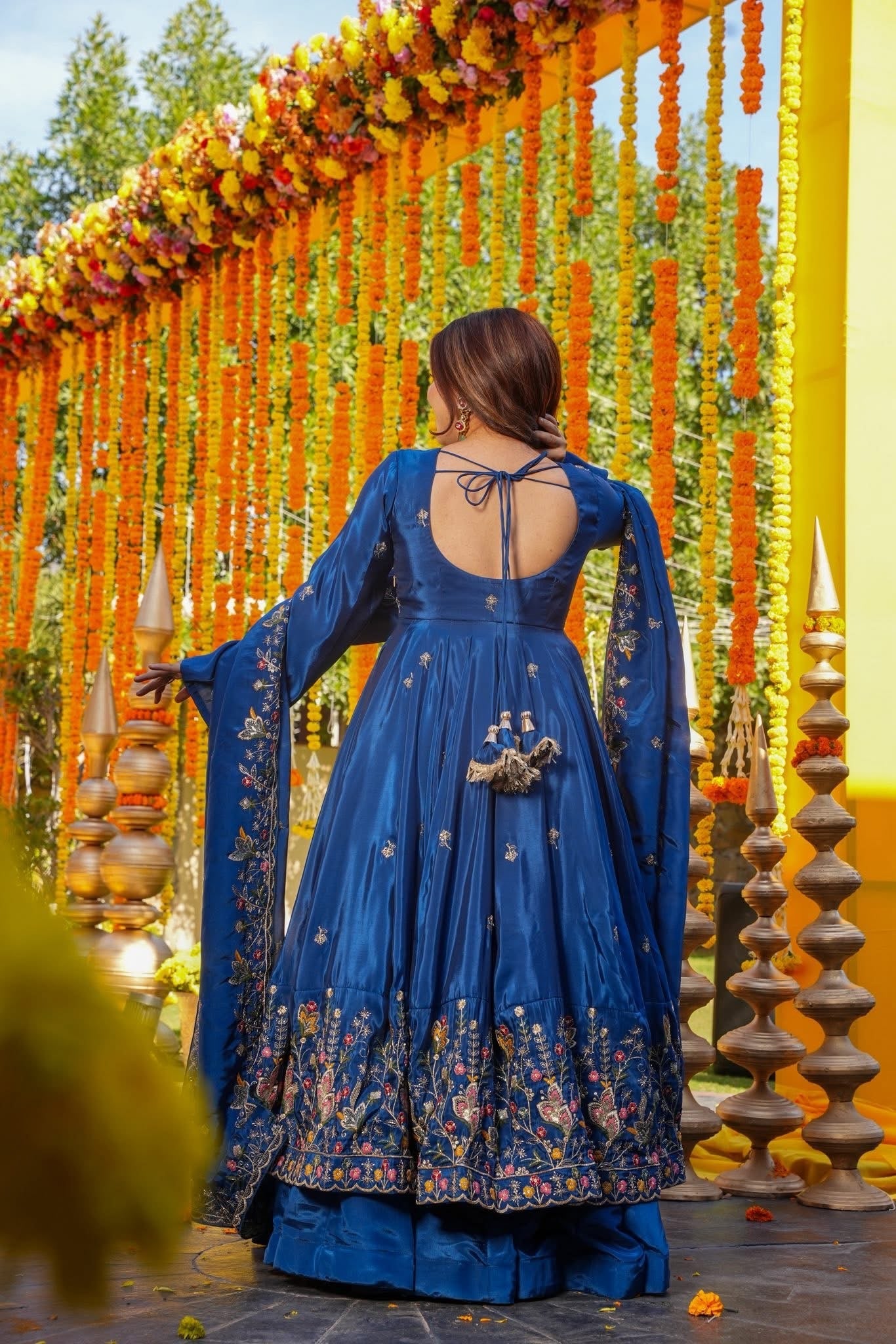 Luxury Heavy Silk Sequins Embroidered Gown Set with Palazzo & Dupatta – Festive & Wedding Wear for Women Blue