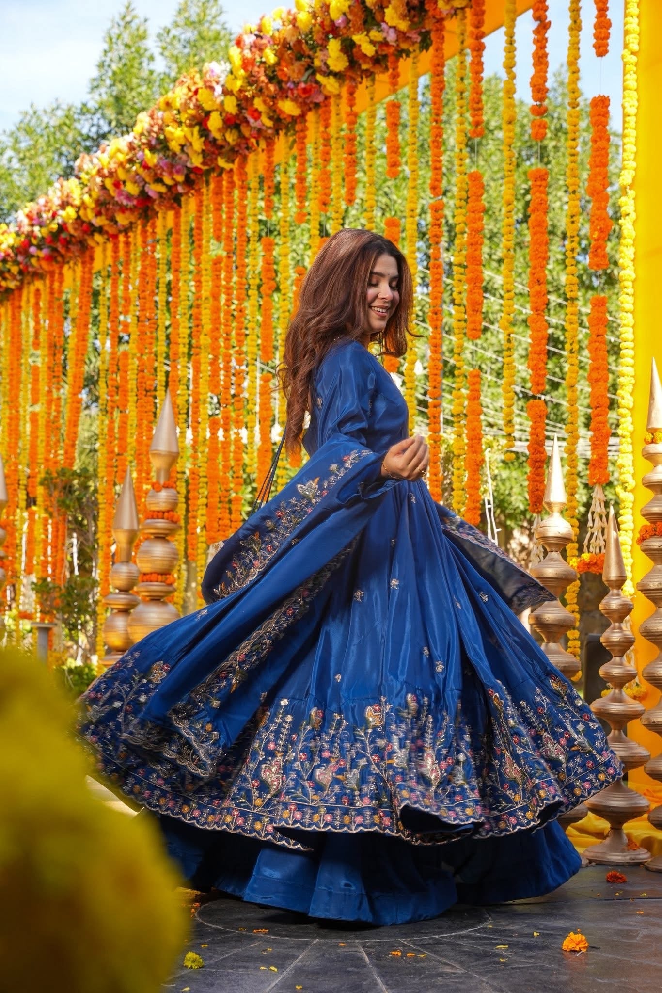 Luxury Heavy Silk Sequins Embroidered Gown Set with Palazzo & Dupatta – Festive & Wedding Wear for Women Blue