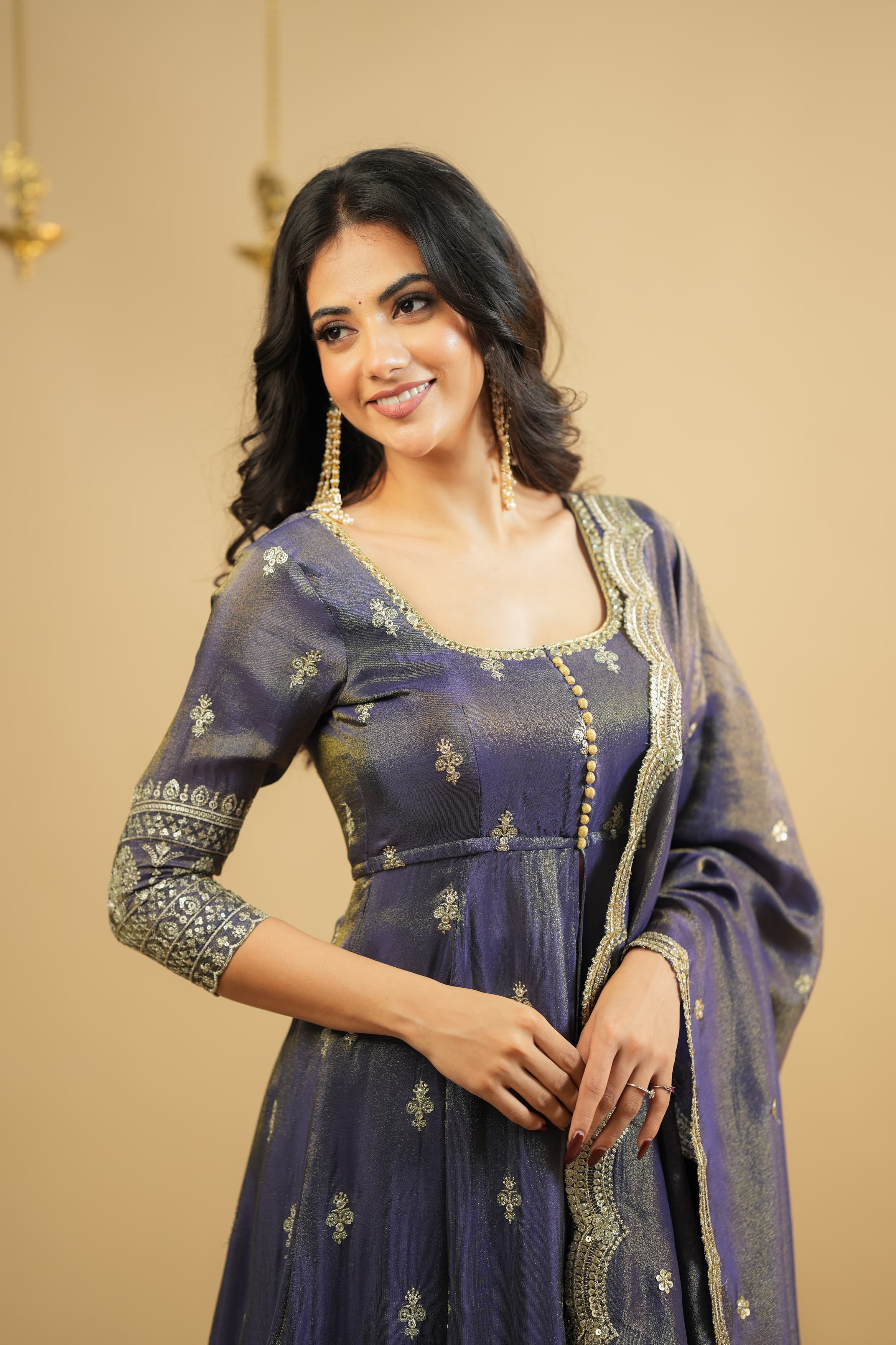 Midnight Blue Foil Print Anarkali Kurta Set with Dupatta