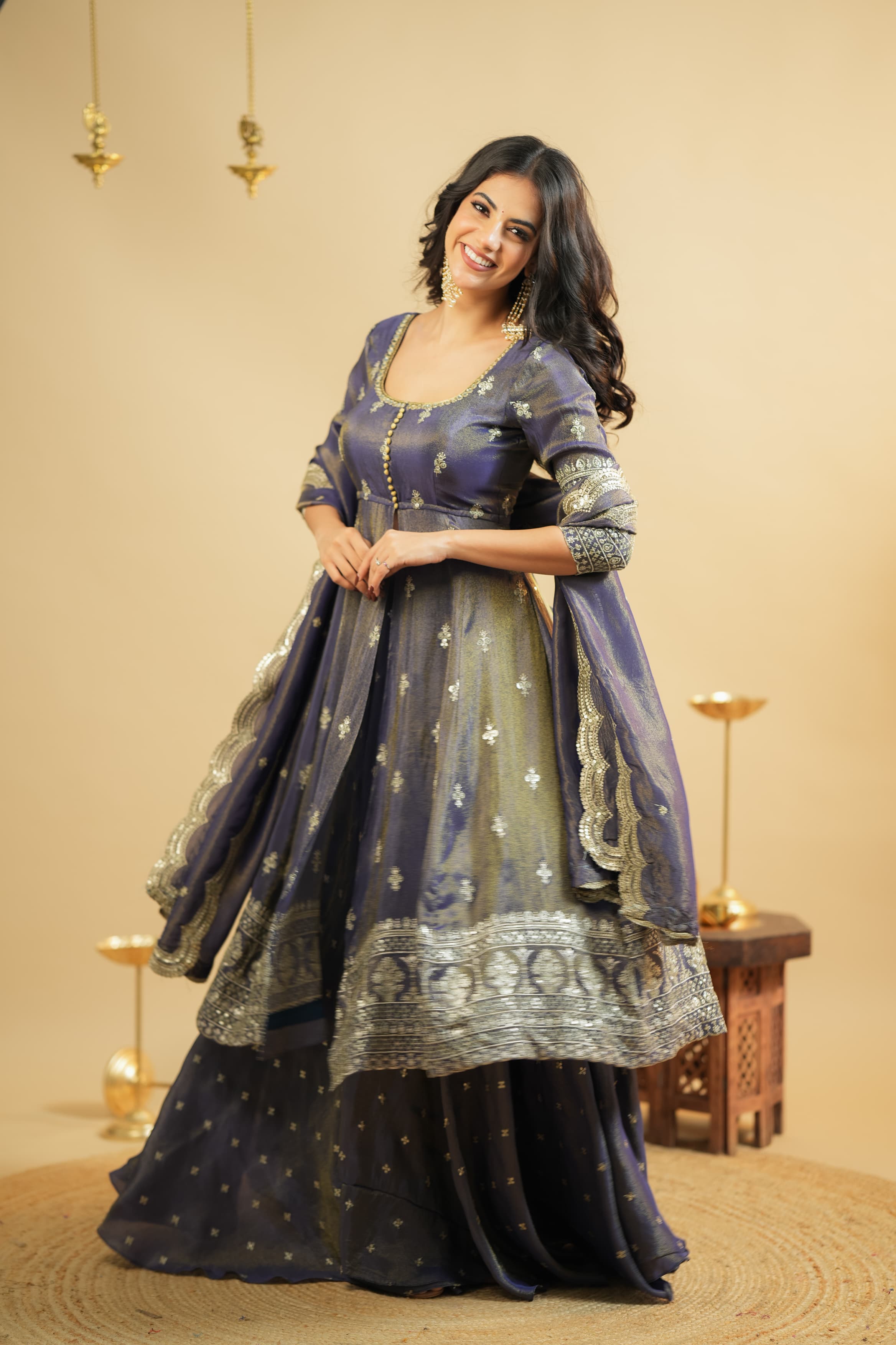 Midnight Blue Foil Print Anarkali Kurta Set with Dupatta