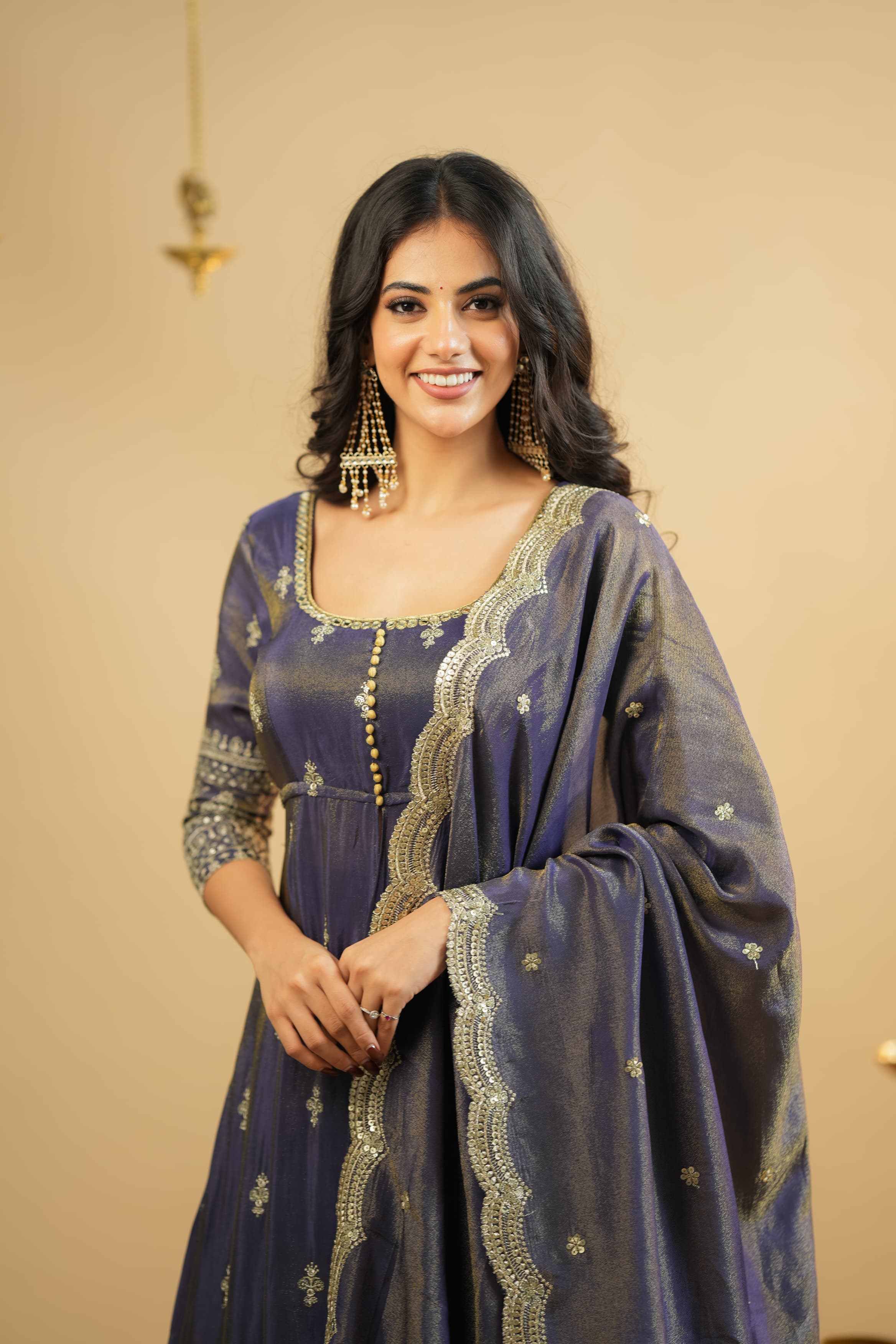 Midnight Blue Foil Print Anarkali Kurta Set with Dupatta