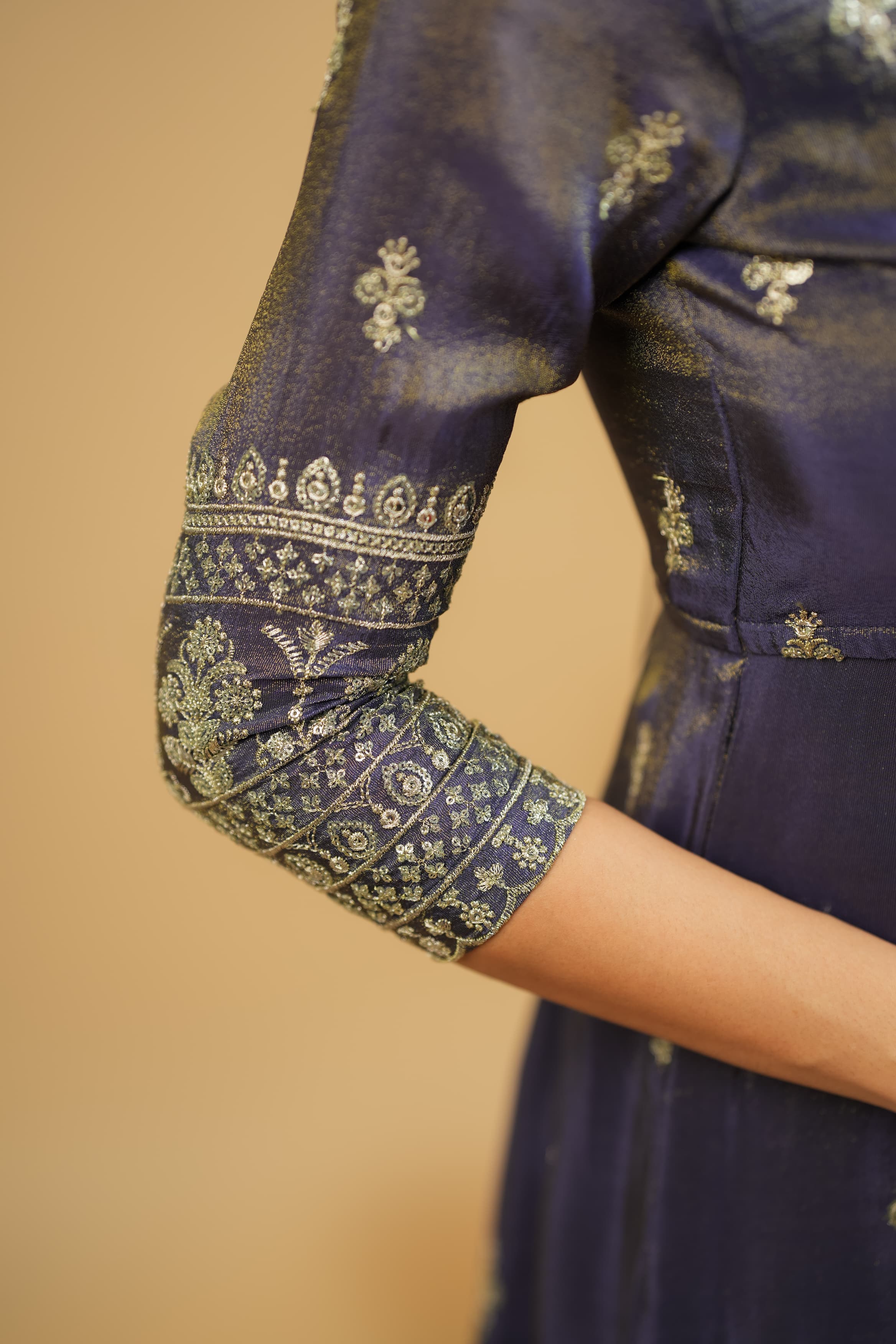 Midnight Blue Foil Print Anarkali Kurta Set with Dupatta