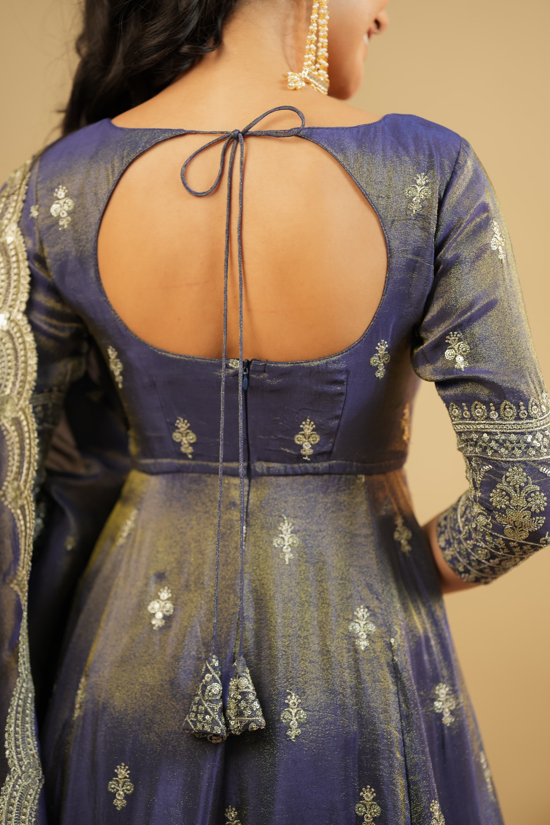 Midnight Blue Foil Print Anarkali Kurta Set with Dupatta