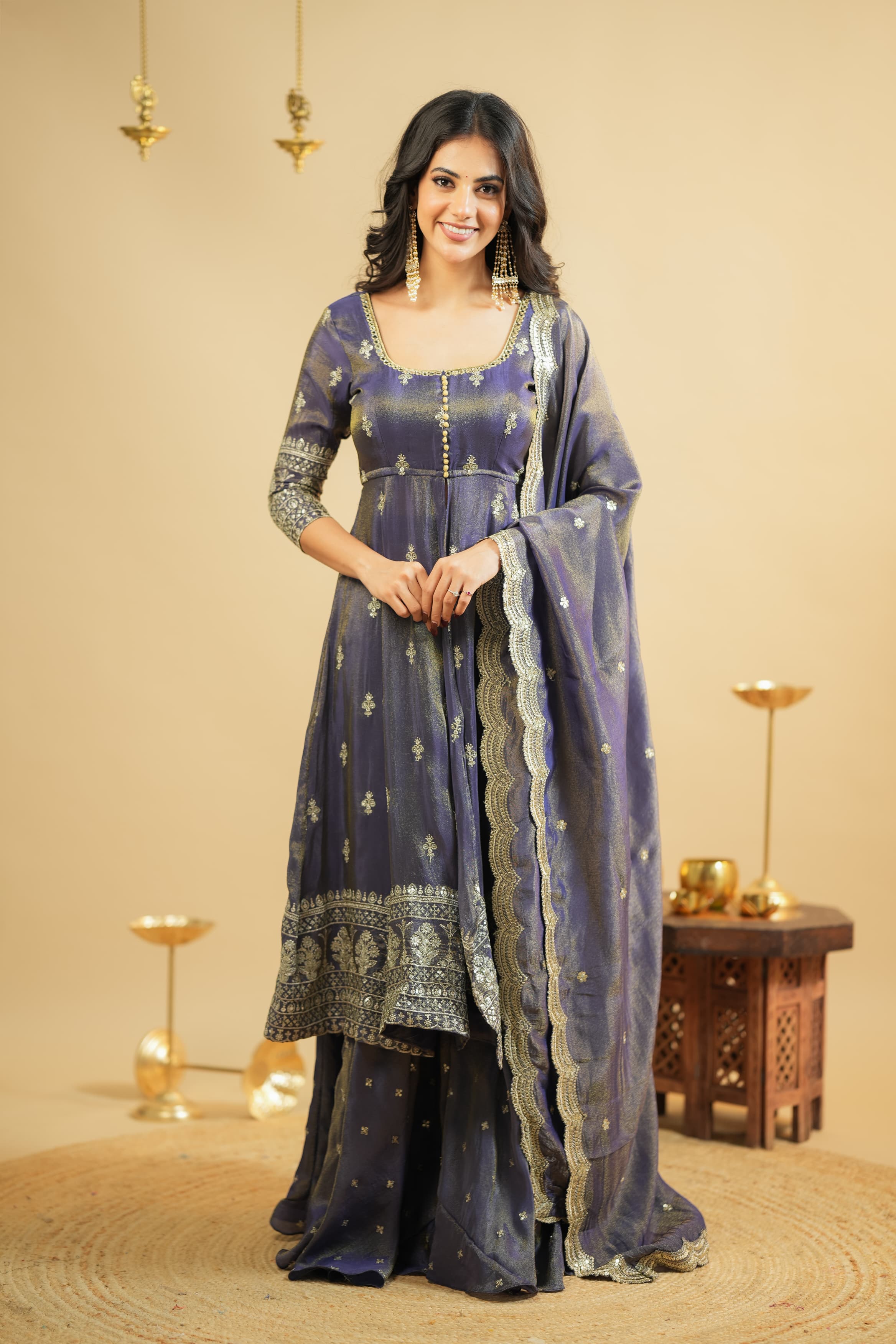Midnight Blue Foil Print Anarkali Kurta Set with Dupatta