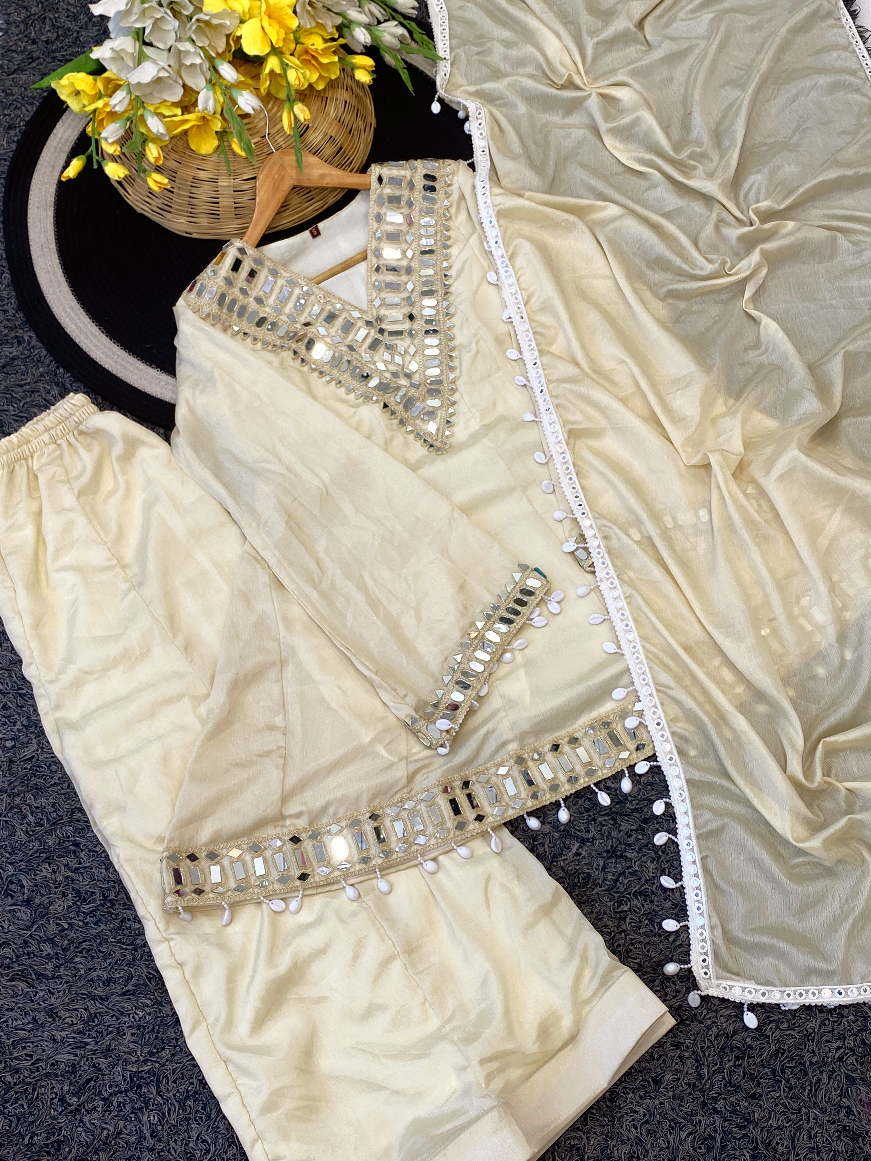 Ivory Mirror Work Peplum Sharara Set with Dupatta