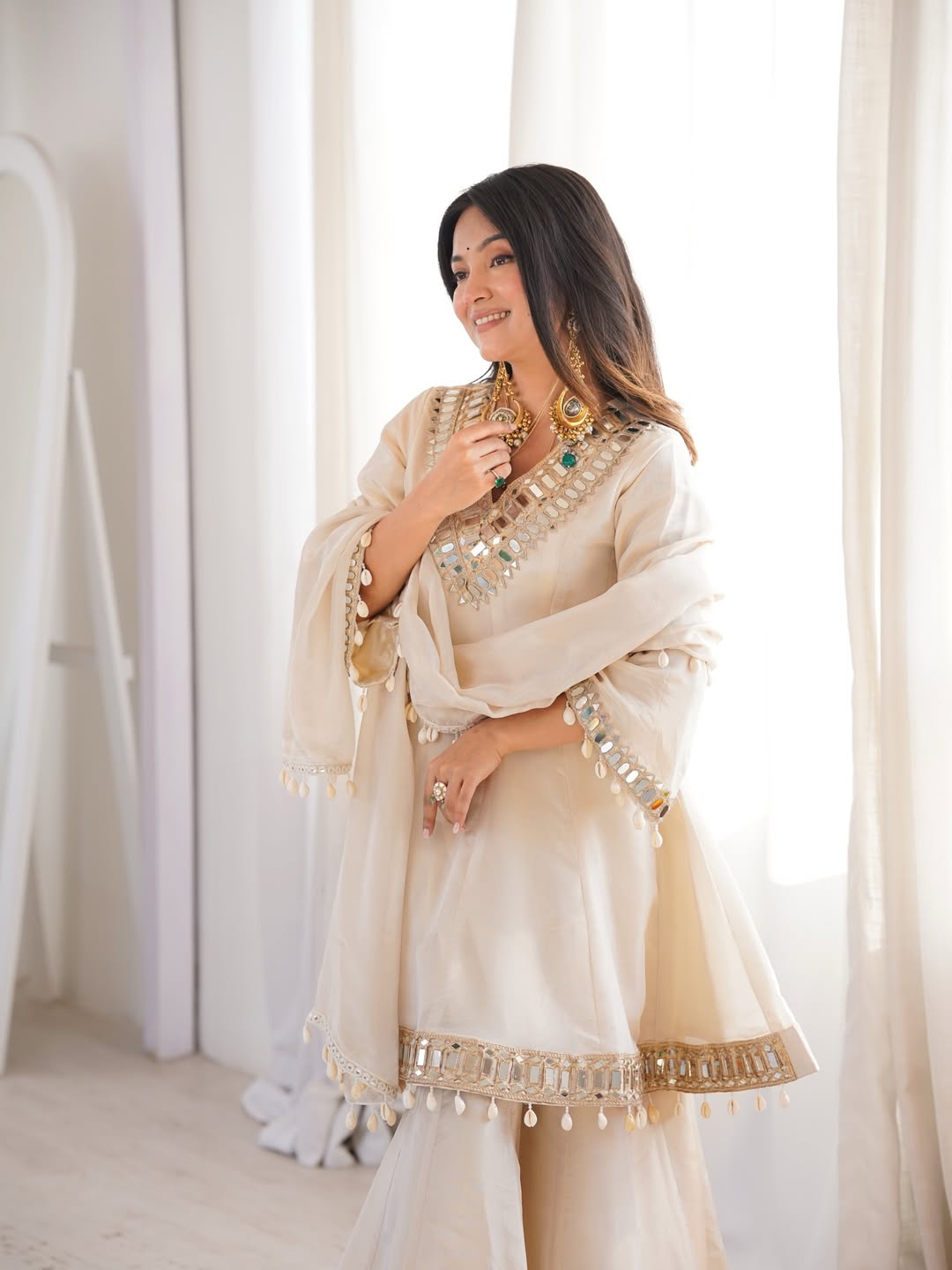 Ivory Mirror Work Peplum Sharara Set with Dupatta