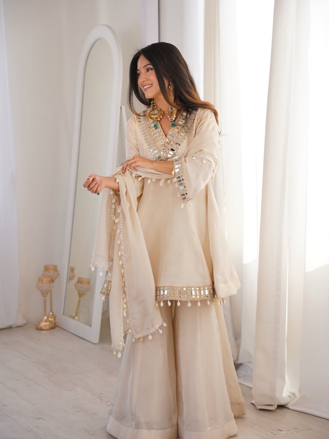 Ivory Mirror Work Peplum Sharara Set with Dupatta