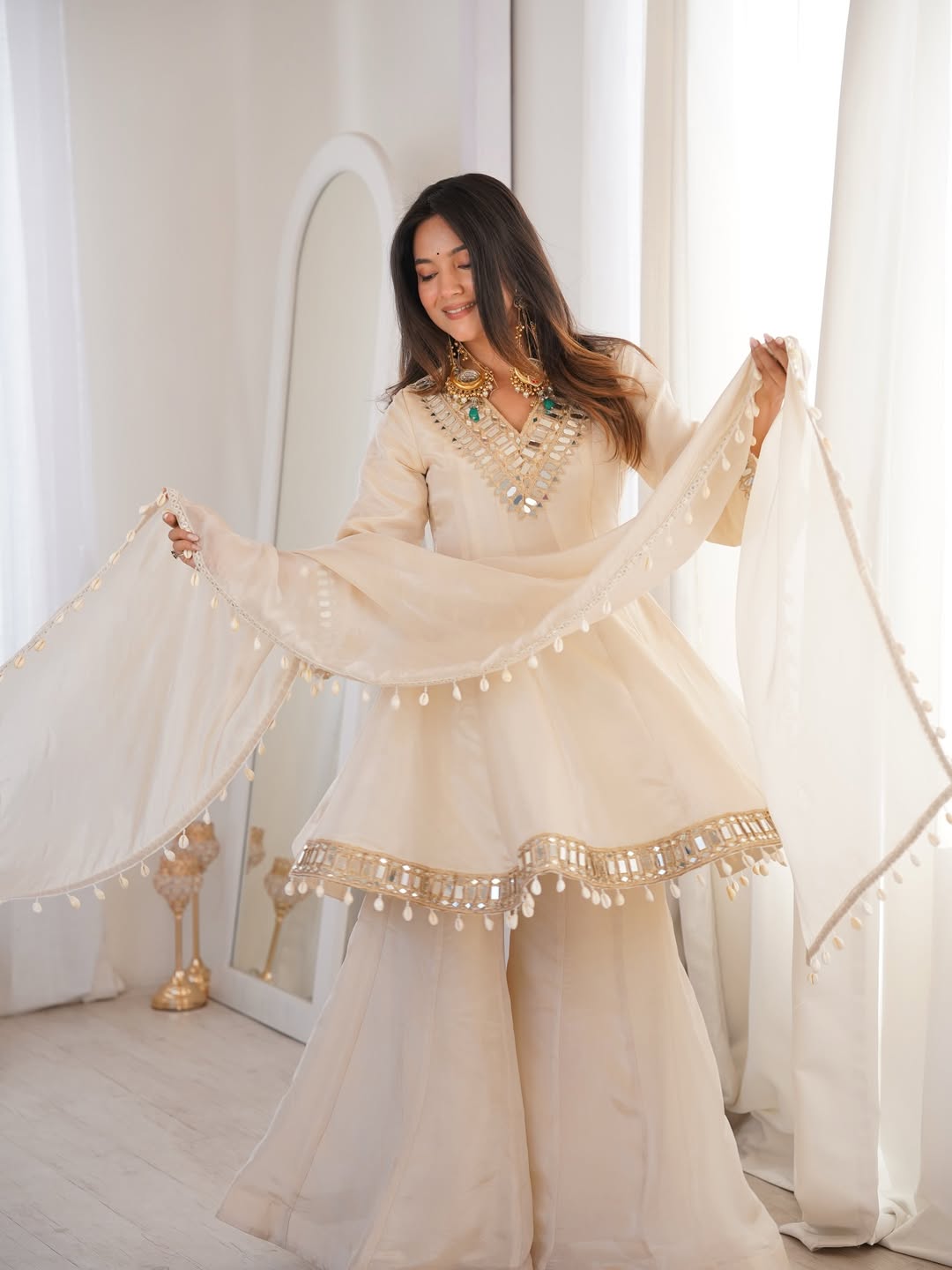 Ivory Mirror Work Peplum Sharara Set with Dupatta