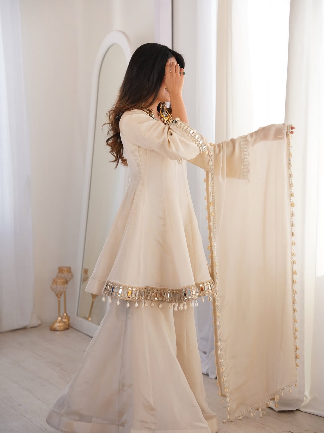Ivory Mirror Work Peplum Sharara Set with Dupatta