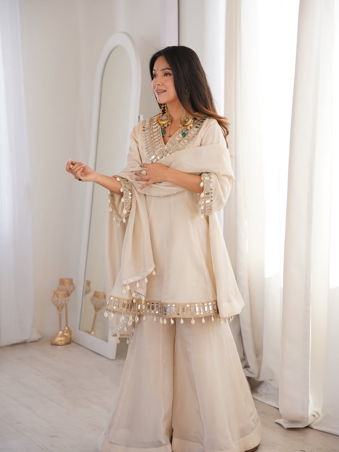 Ivory Mirror Work Peplum Sharara Set with Dupatta