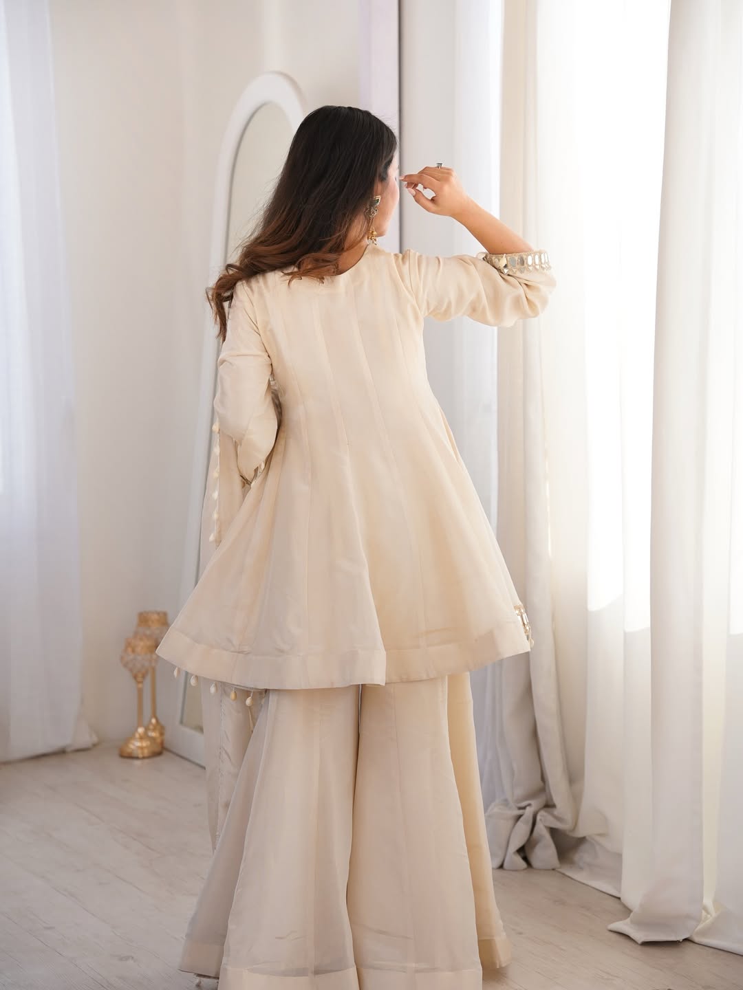 Ivory Mirror Work Peplum Sharara Set with Dupatta