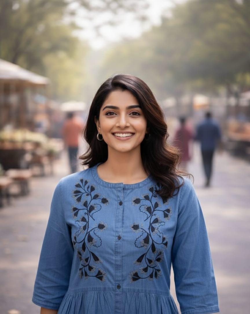Floral Touch Blue A-Line Kurti Dress