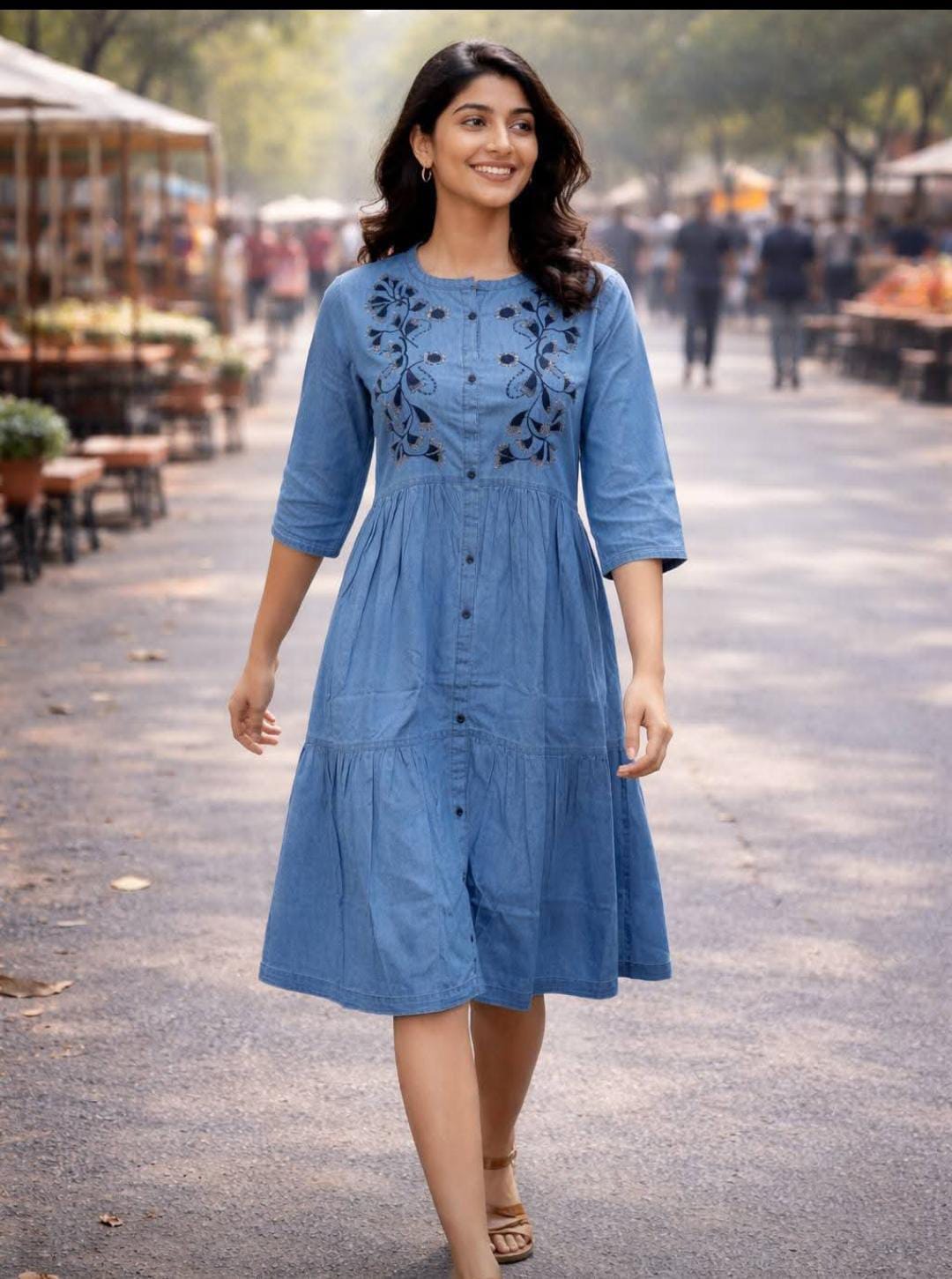 Floral Touch Blue A-Line Kurti Dress