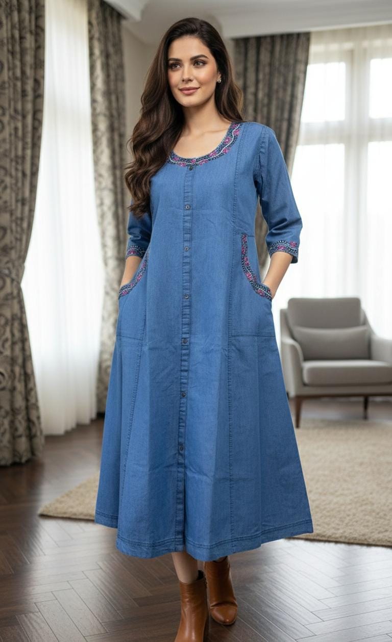 Soft Denim Floral Kurti Midi