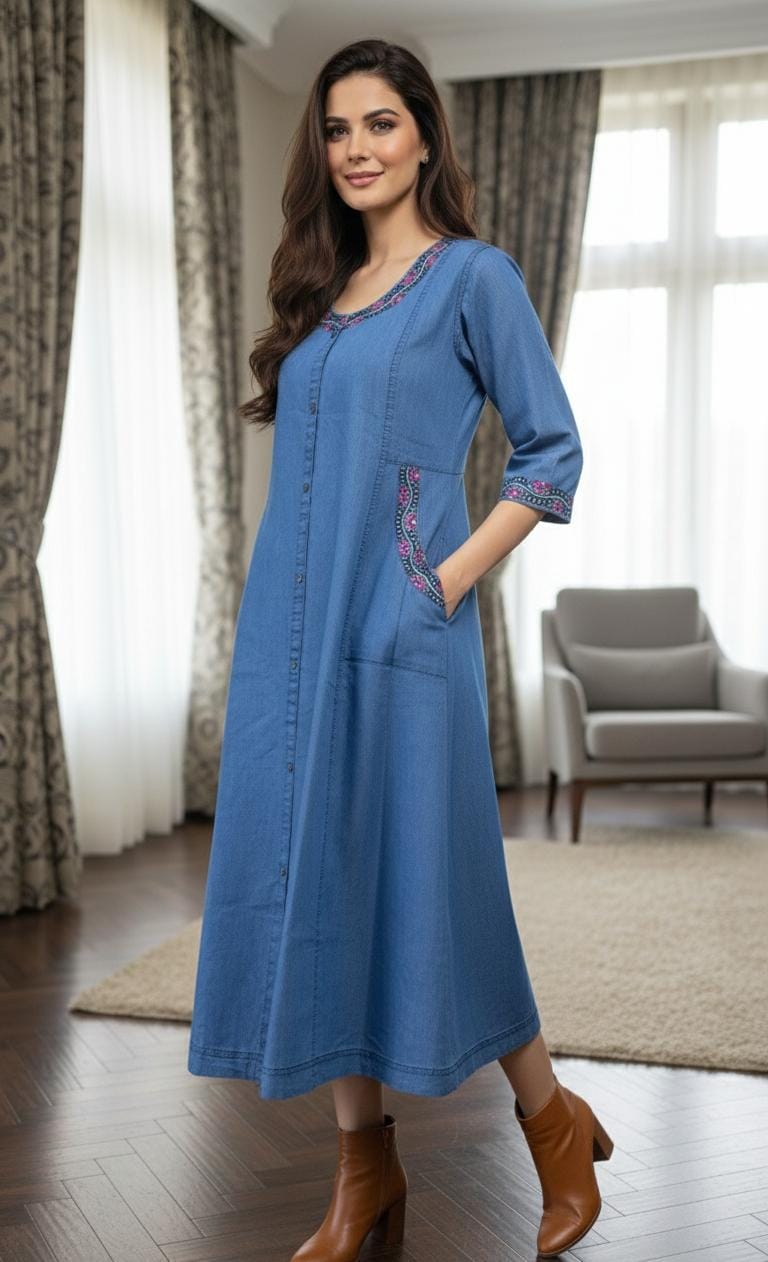Soft Denim Floral Kurti Midi