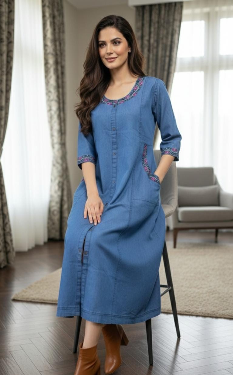 Soft Denim Floral Kurti Midi