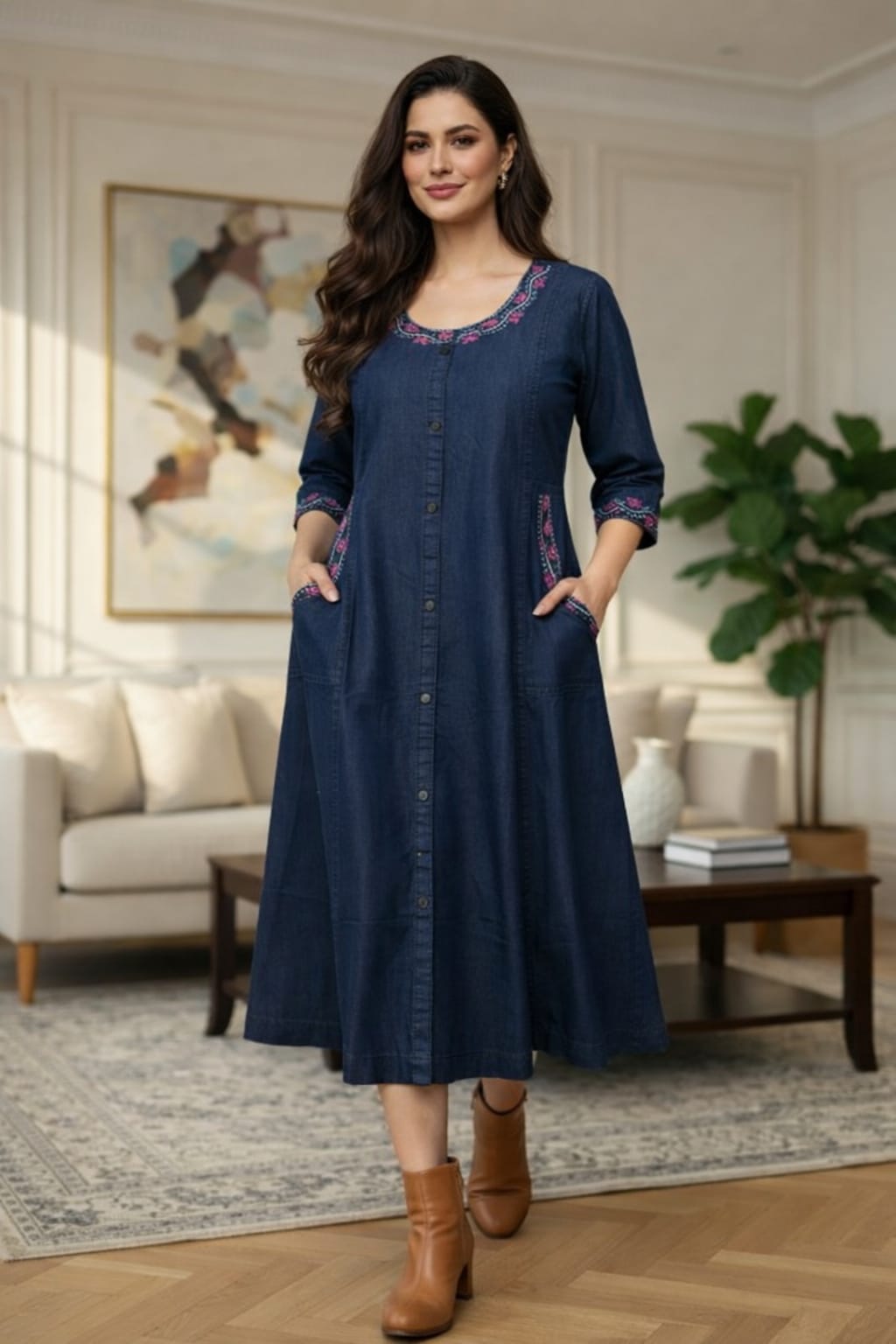 Classic Indigo Floral Work Dress