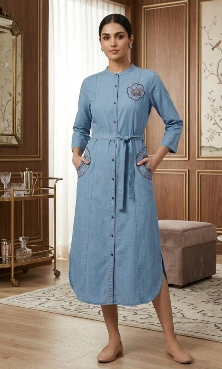 Sky Denim Button-Down Ethnic Dress