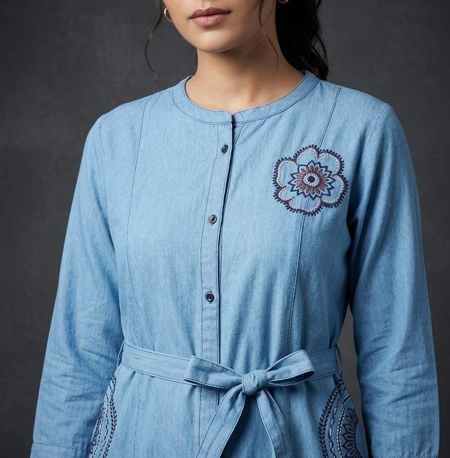 Sky Denim Button-Down Ethnic Dress