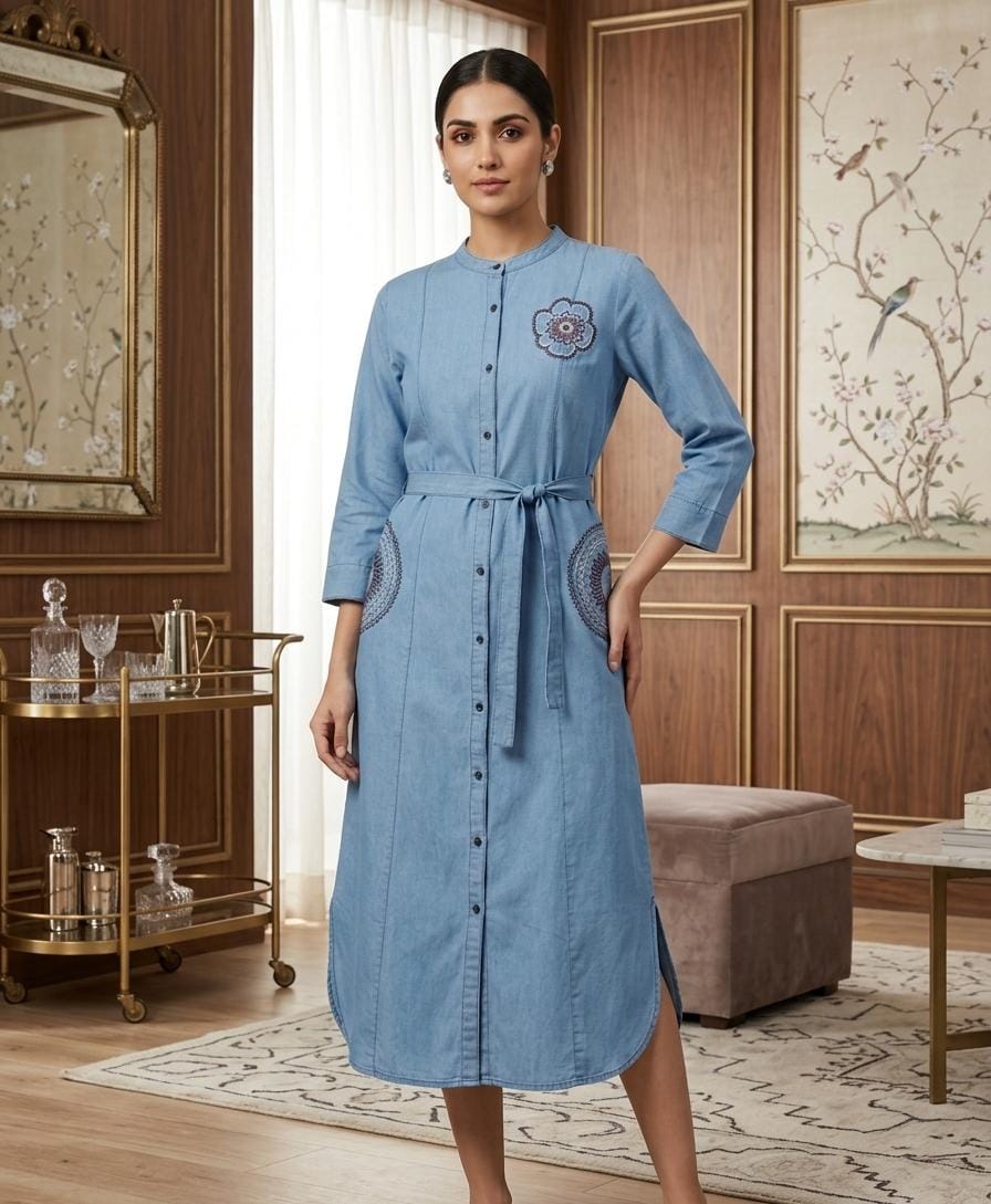 Sky Denim Button-Down Ethnic Dress