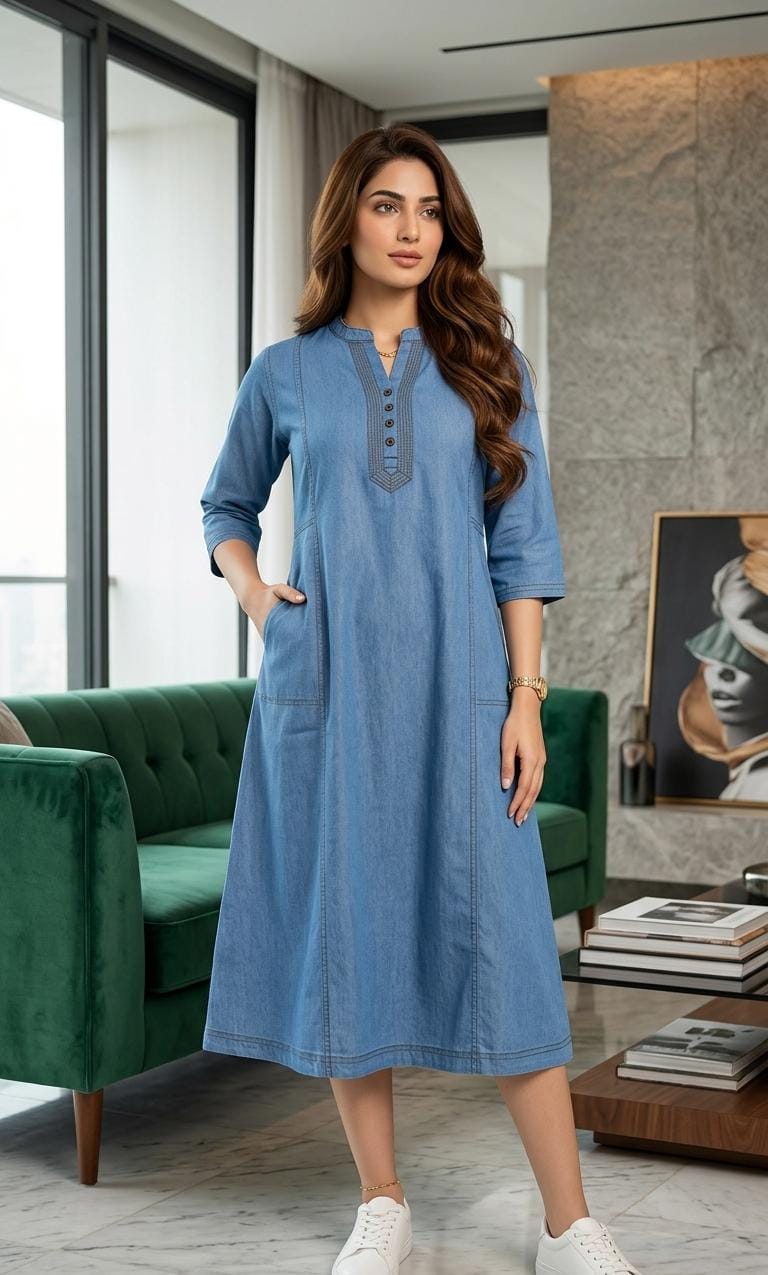 Urban Blue Floral Detail Kurti Dress