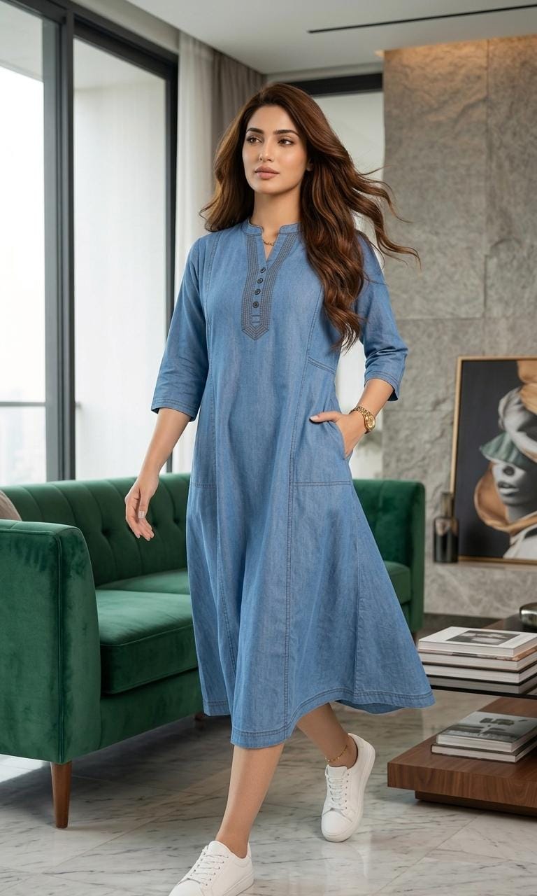 Urban Blue Floral Detail Kurti Dress