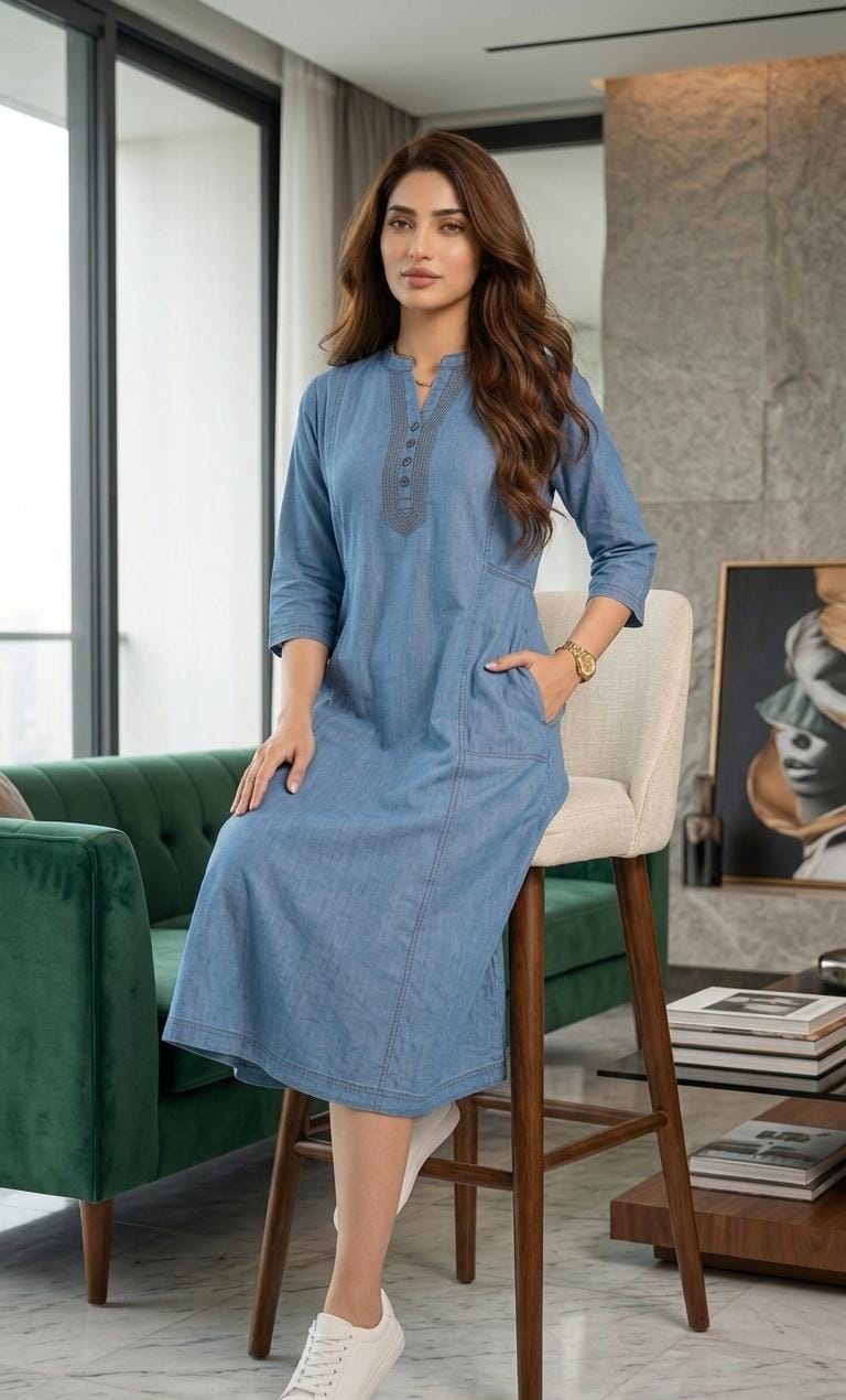 Urban Blue Floral Detail Kurti Dress